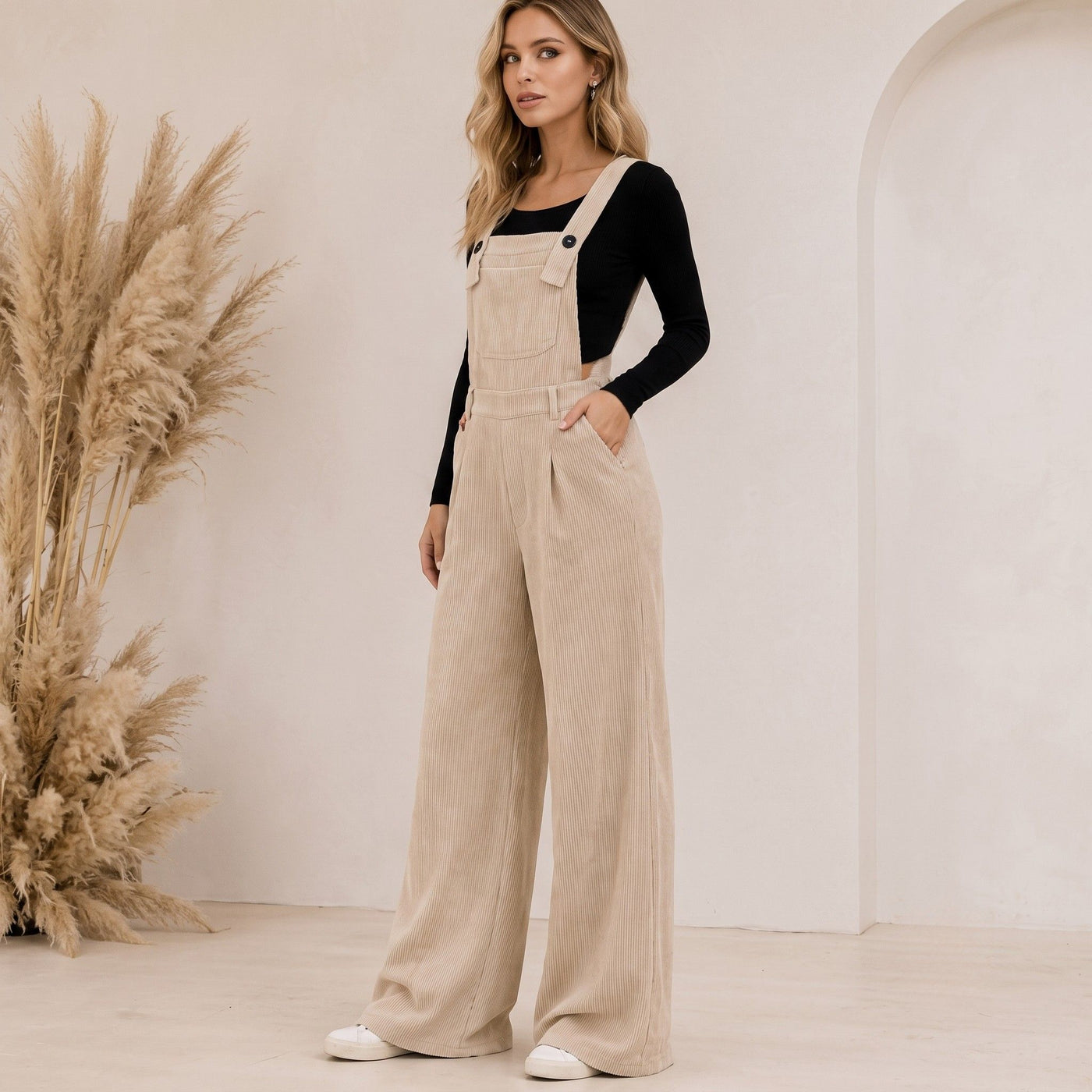 Digital Sewing Pattern for Women's Winter Corduroy Wide Leg Overalls - Belted Waist Button Strap Style