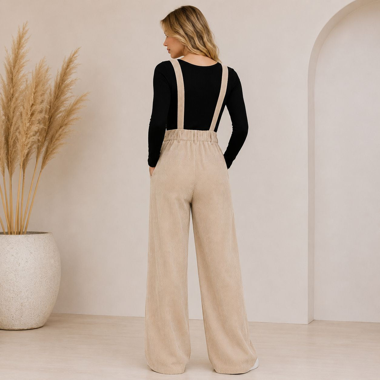 Digital Sewing Pattern for Women's Winter Corduroy Wide Leg Overalls - Belted Waist Button Strap Style