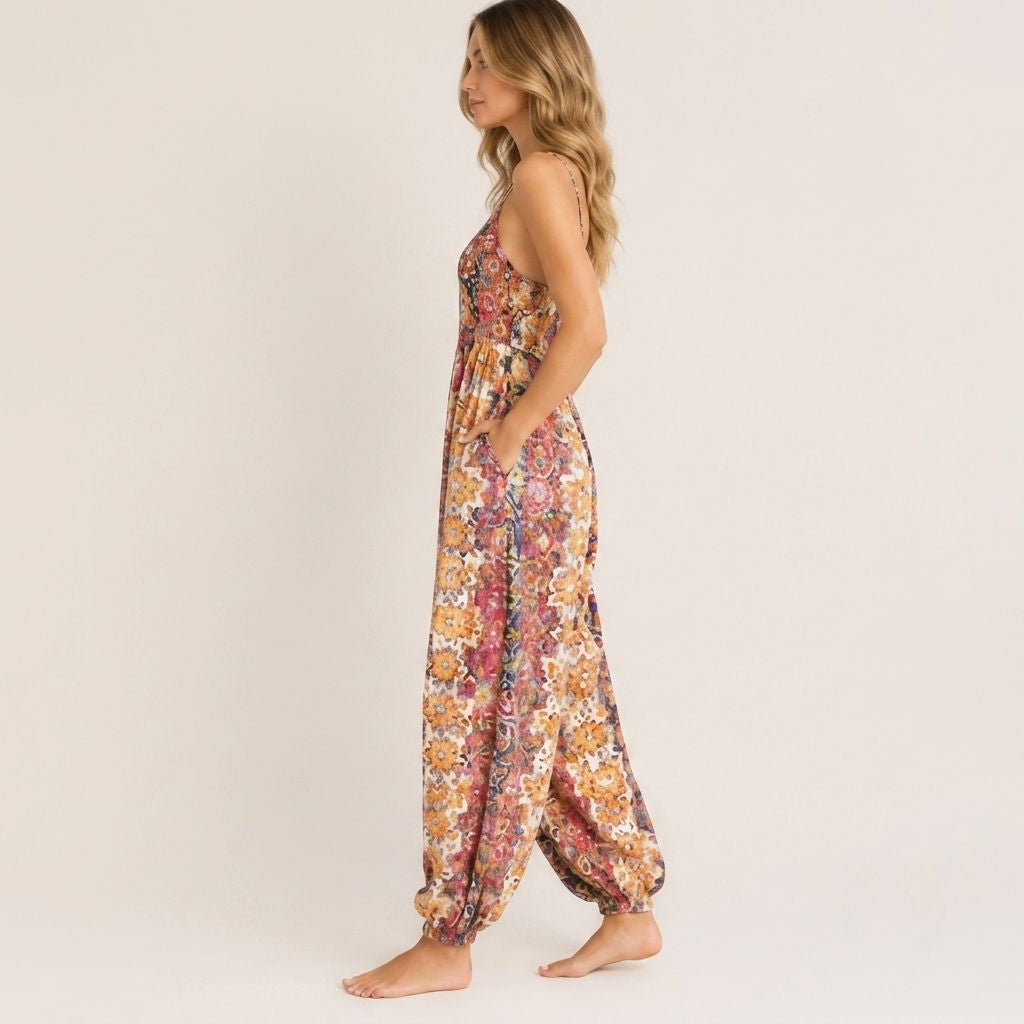 Digital Sewing Pattern for Women's Summer Floral Harem Jumpsuit - Spaghetti Strap Cuffed Ankle Style