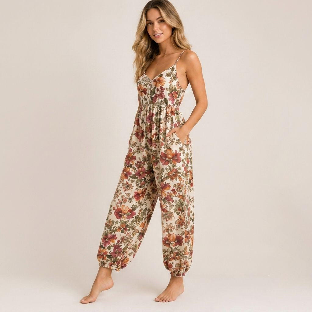 Digital Sewing Pattern for Women's Summer Floral Harem Jumpsuit - Spaghetti Strap Cuffed Ankle Style