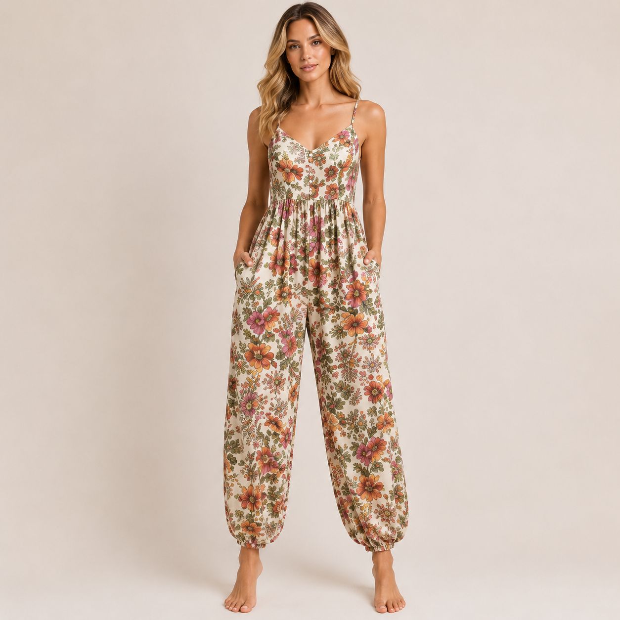 Digital Sewing Pattern for Women's Summer Floral Harem Jumpsuit - Spaghetti Strap Cuffed Ankle Style