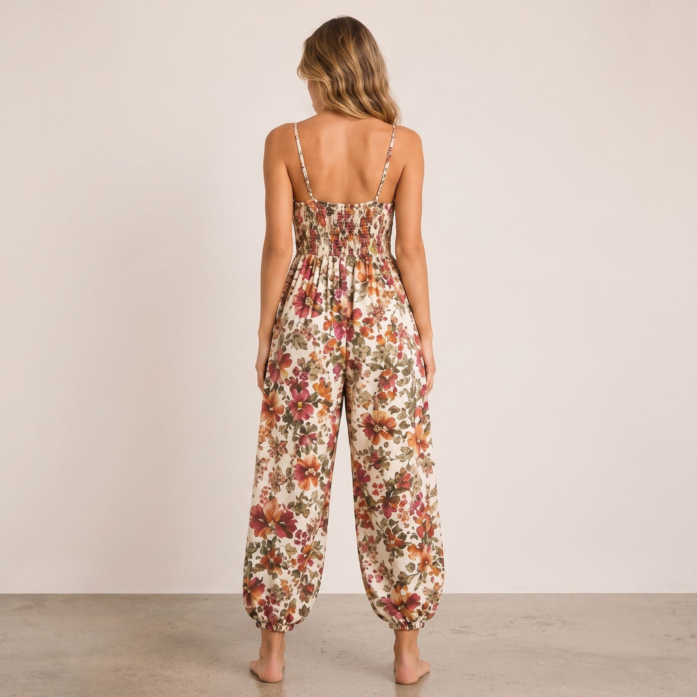 Digital Sewing Pattern for Women's Summer Floral Harem Jumpsuit - Spaghetti Strap Cuffed Ankle Style
