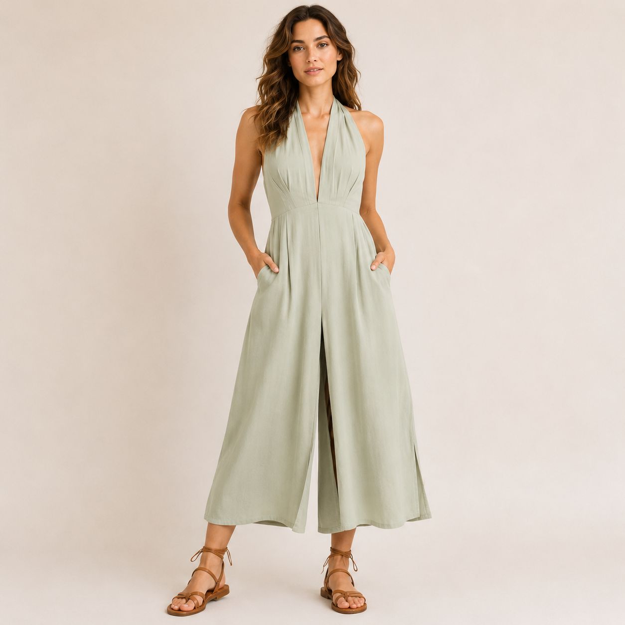 Digital Sewing Pattern for Women's Summer Halter Neck Wide Leg Jumpsuit - Plunge V Culotte Style