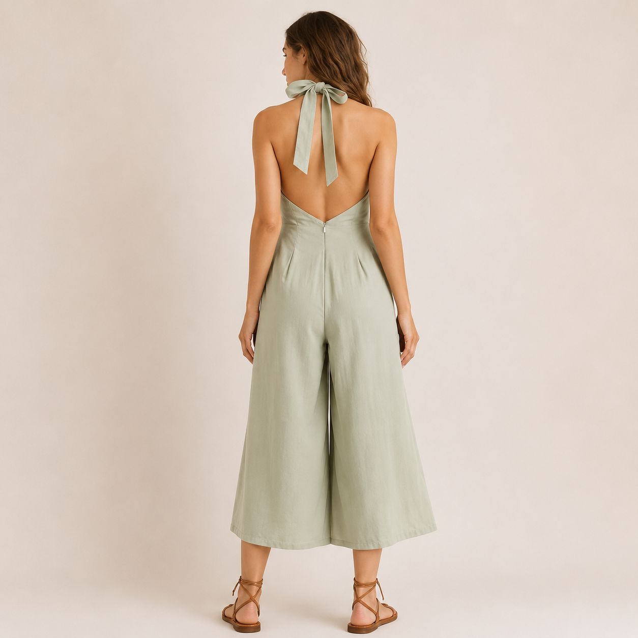 Digital Sewing Pattern for Women's Summer Halter Neck Wide Leg Jumpsuit - Plunge V Culotte Style