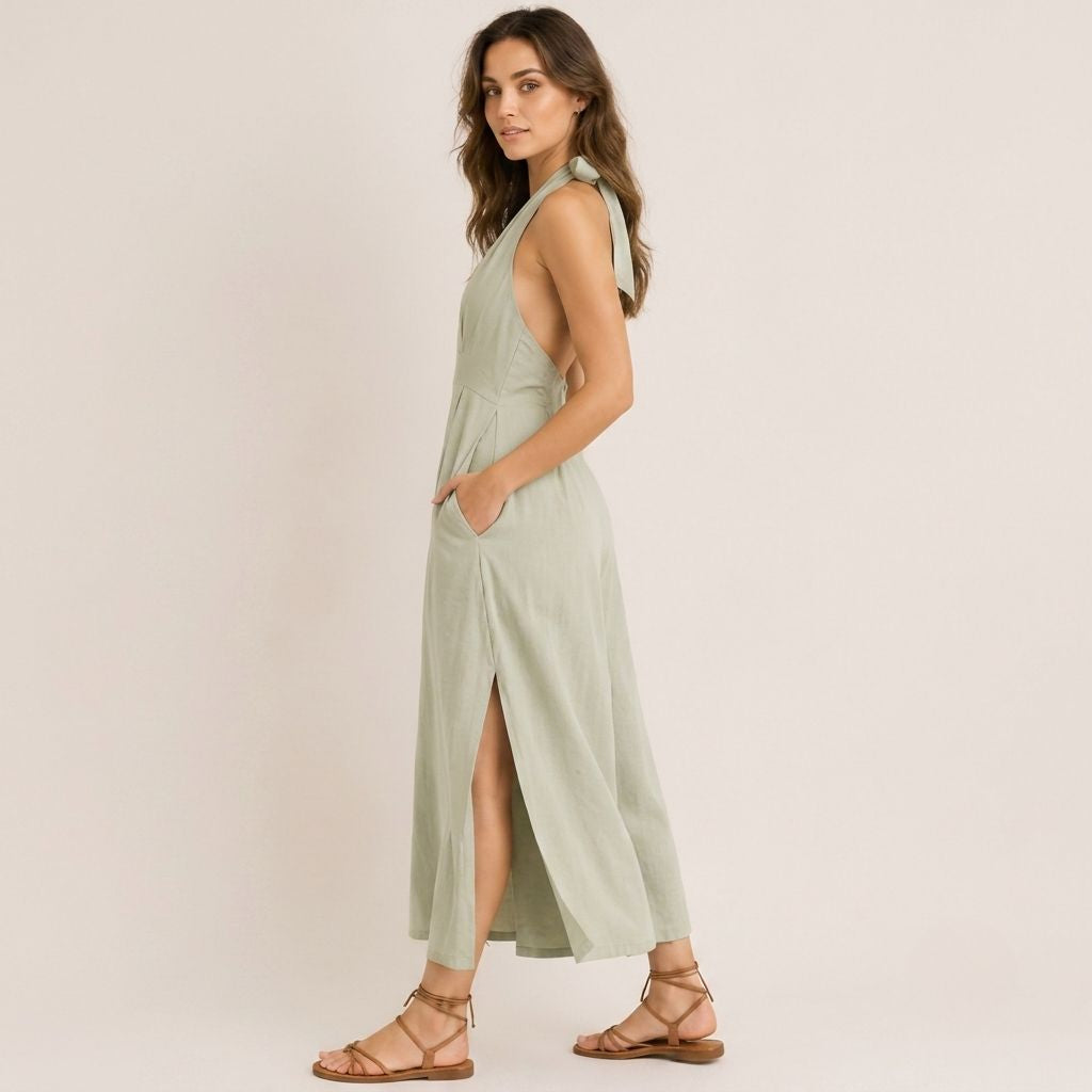 Digital Sewing Pattern for Women's Summer Halter Neck Wide Leg Jumpsuit - Plunge V Culotte Style