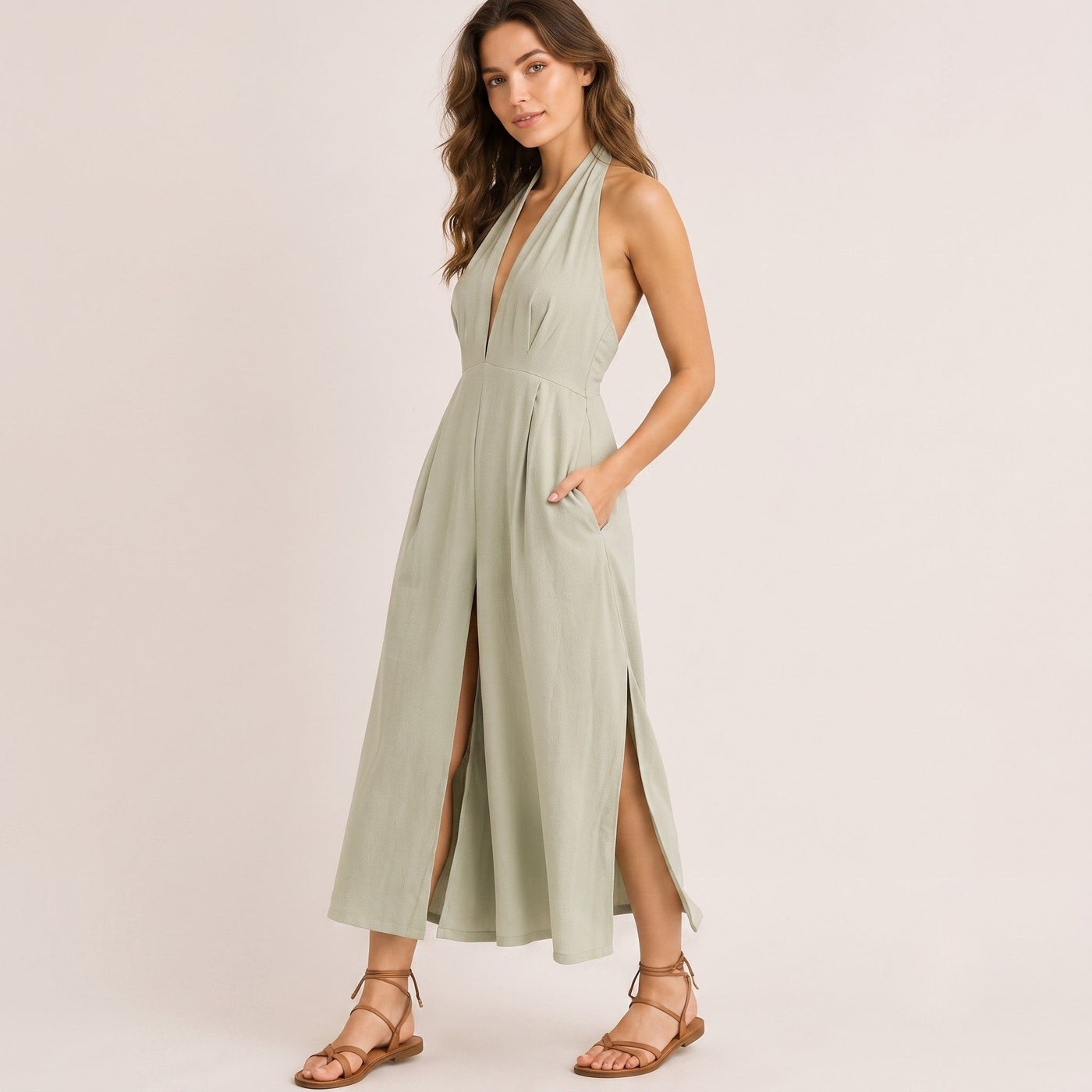 Digital Sewing Pattern for Women's Summer Halter Neck Wide Leg Jumpsuit - Plunge V Culotte Style