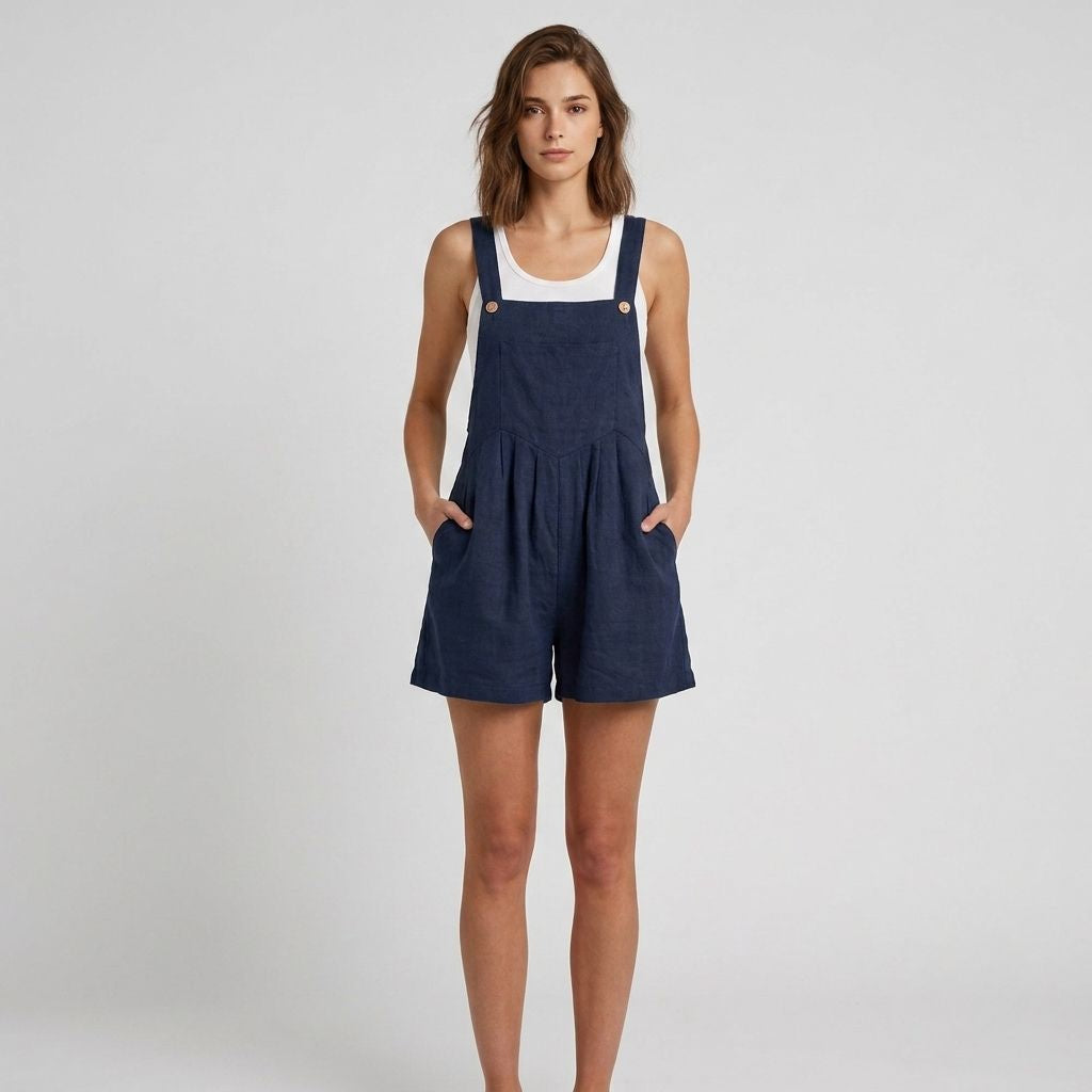 Digital Sewing Pattern for Women's Summer Linen Short Overalls - Button Strap Playsuit Style