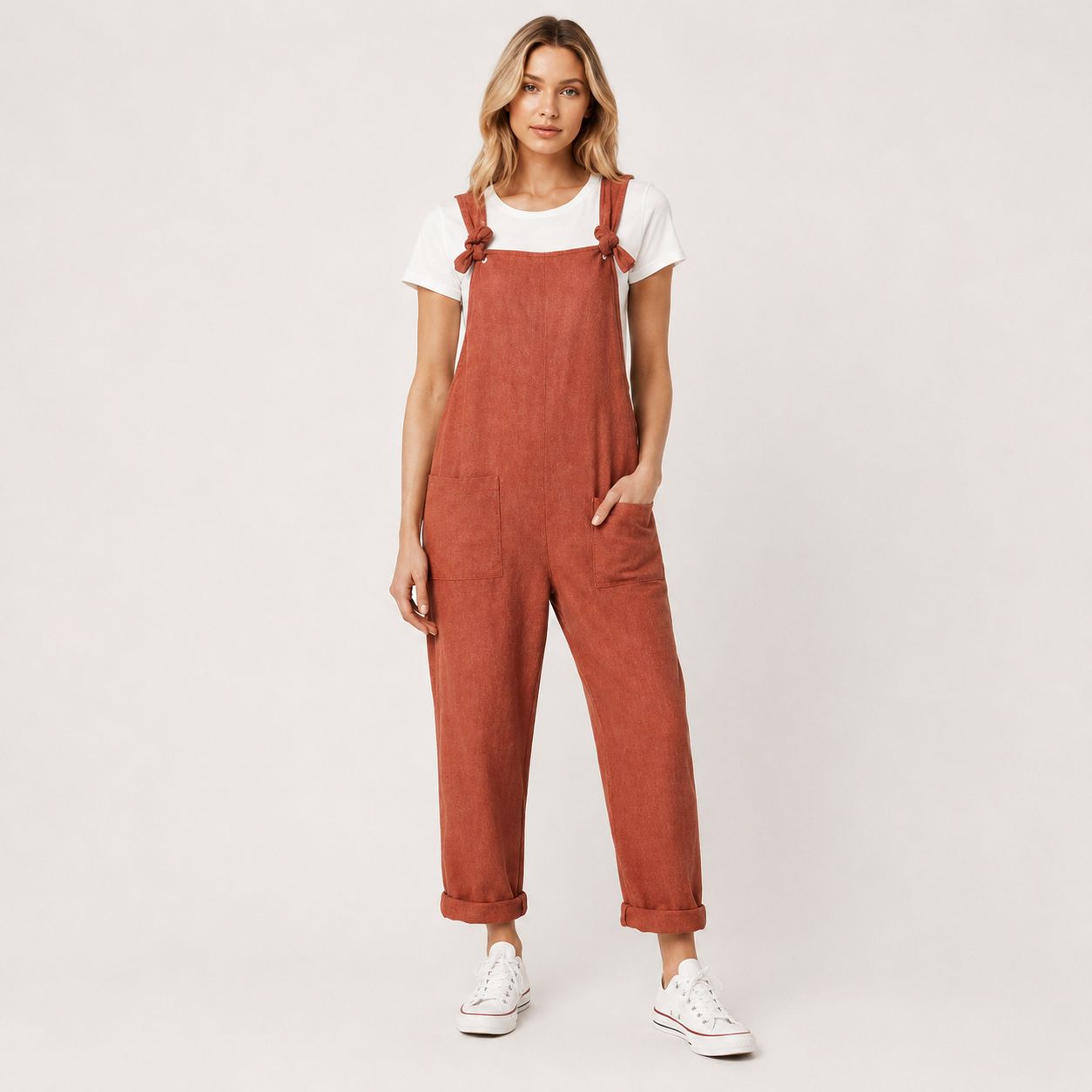 Digital Sewing Pattern for Women's Knot-Strap Relaxed Overalls - Cuffed Ankle Jumpsuit Style