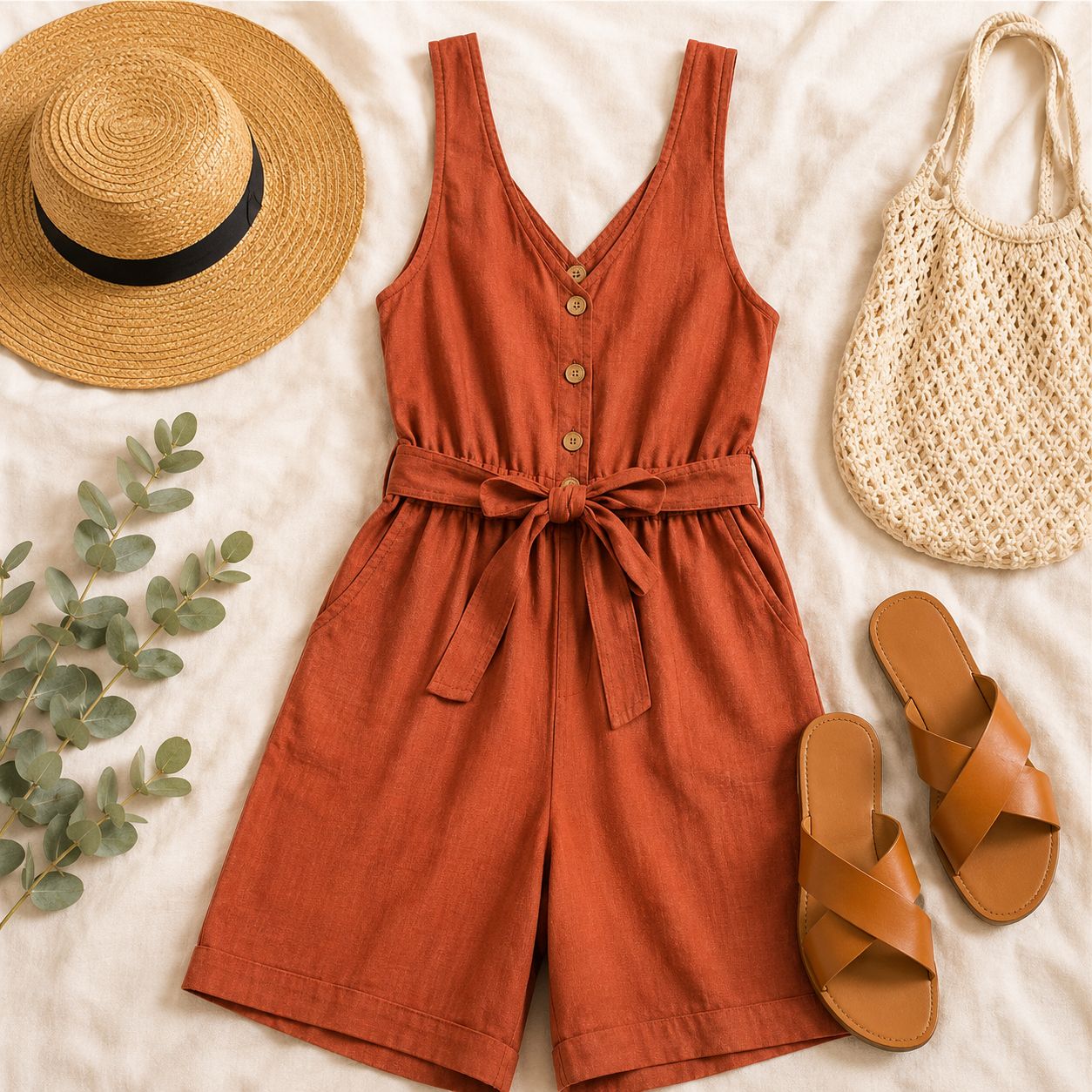 Digital Sewing Pattern for Women's Summer V-Neck Romper - Tie Waist Button Front Playsuit Style - Beginner-Friendly