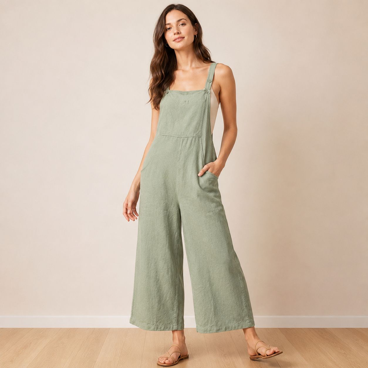 Digital Sewing Pattern for Women's Summer Linen Wide Leg Overalls - Knot-Strap Fitted Waist Culotte Style