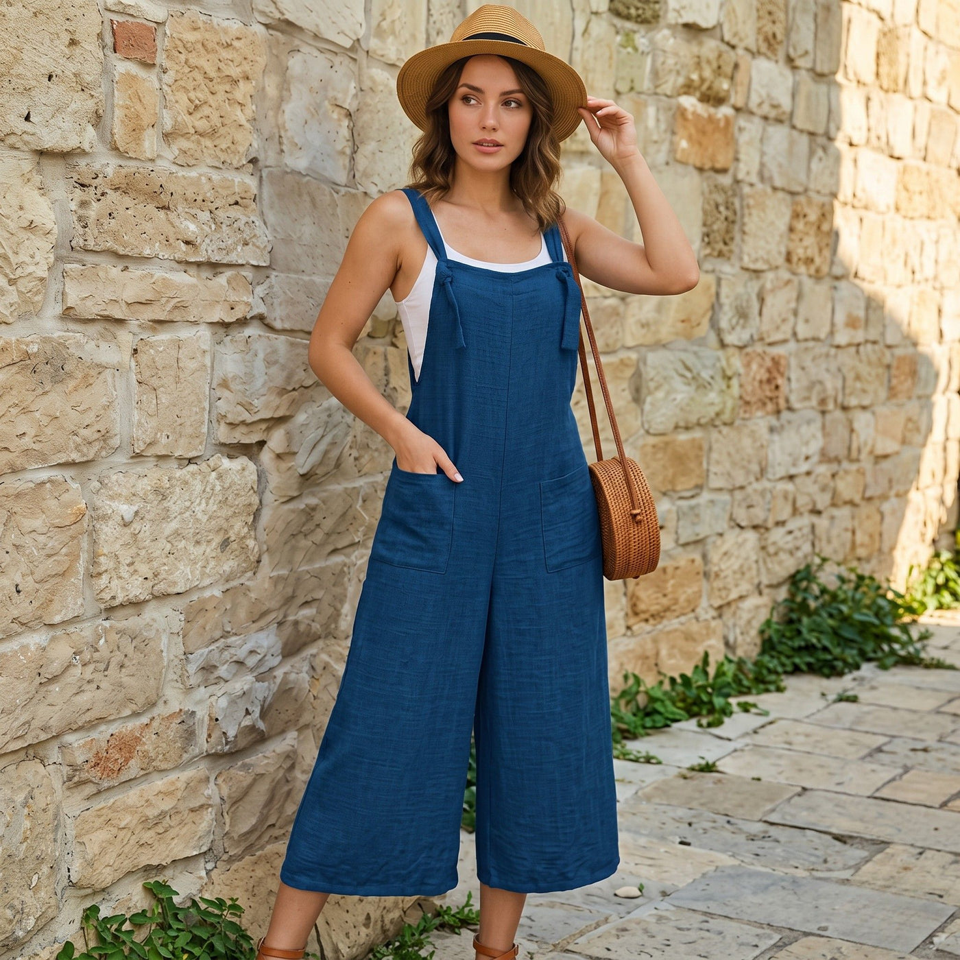 Digital Sewing Pattern for Women's Summer Linen Wide Leg Overalls - Tie-Strap Culotte Jumpsuit Style