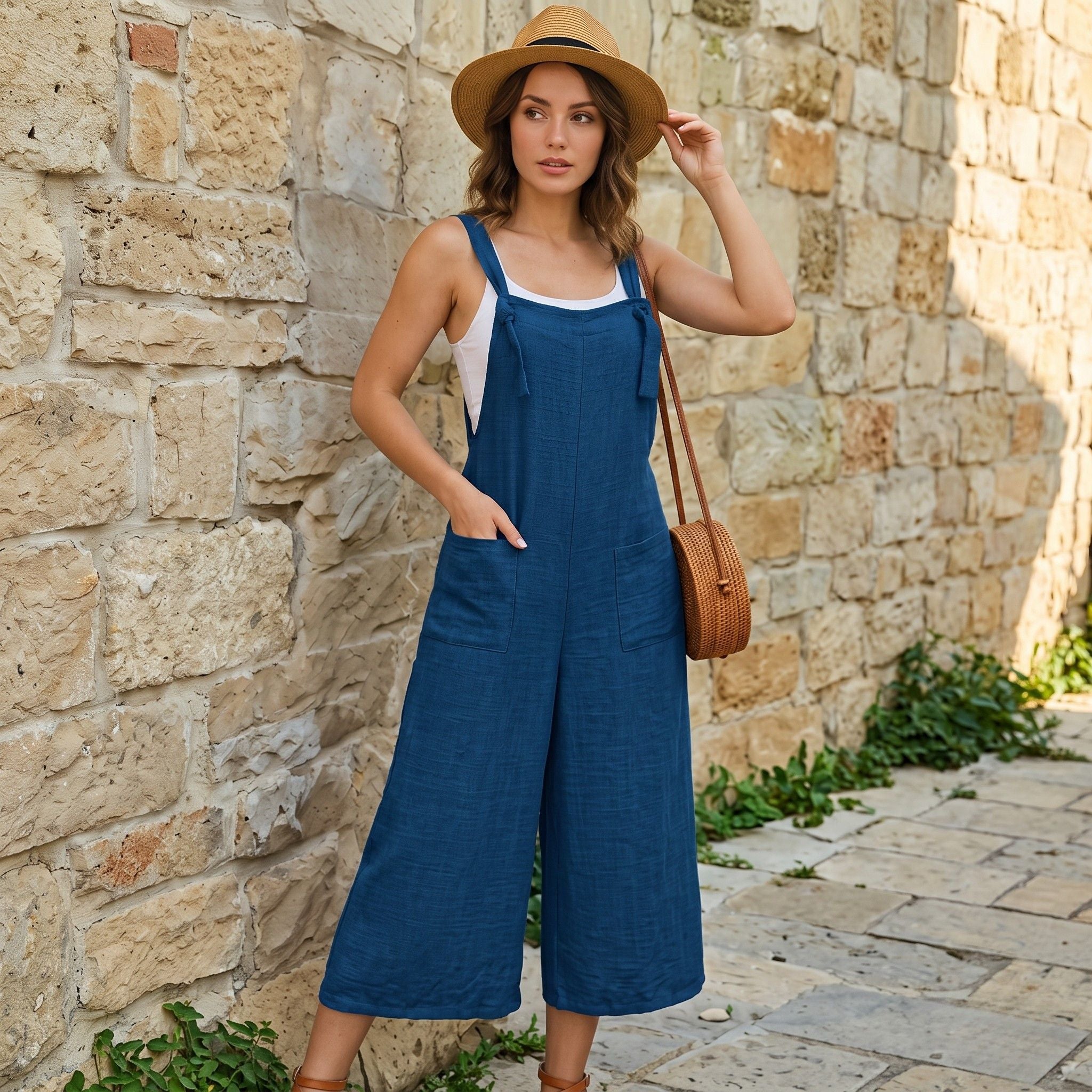 Digital Sewing Pattern for Women's Summer Linen Wide Leg Overalls - Tie-Strap Culotte Jumpsuit Style