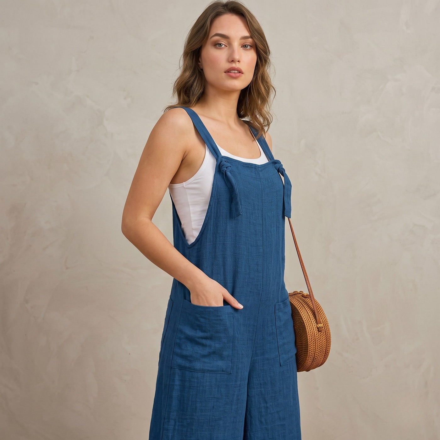 Digital Sewing Pattern for Women's Summer Linen Wide Leg Overalls - Tie-Strap Culotte Jumpsuit Style