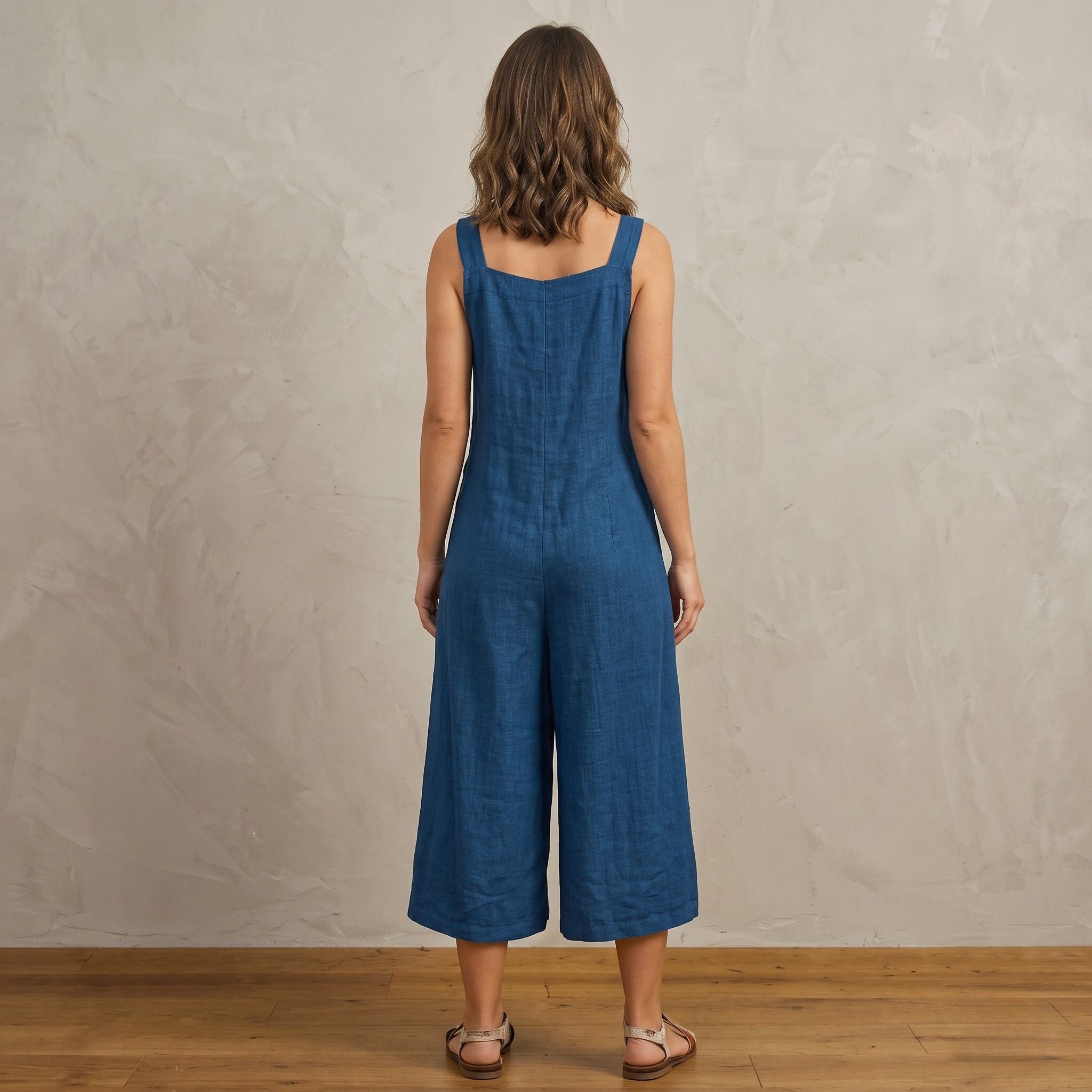 Digital Sewing Pattern for Women's Summer Linen Wide Leg Overalls - Tie-Strap Culotte Jumpsuit Style