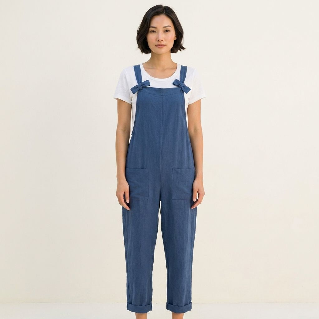 Digital Sewing Pattern for Women's Chambray Relaxed Overalls - Knot-Strap Cuffed Ankle Jumpsuit Style