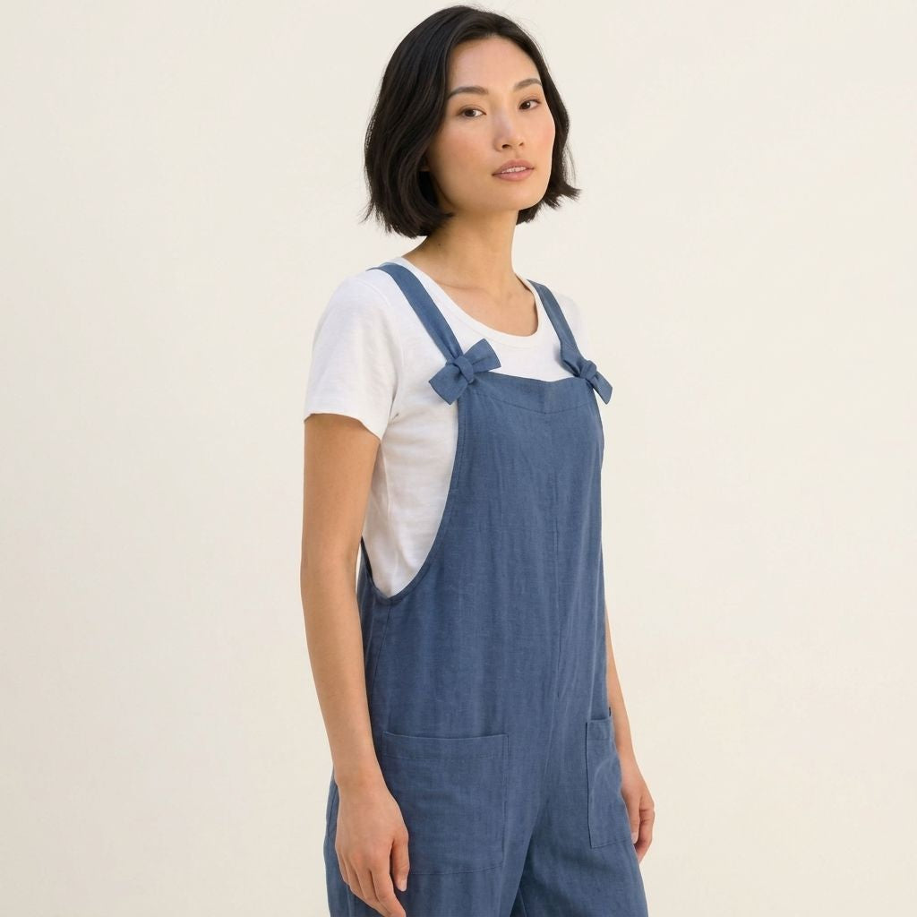 Digital Sewing Pattern for Women's Chambray Relaxed Overalls - Knot-Strap Cuffed Ankle Jumpsuit Style