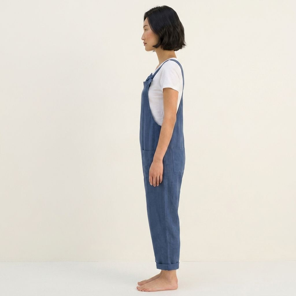 Digital Sewing Pattern for Women's Chambray Relaxed Overalls - Knot-Strap Cuffed Ankle Jumpsuit Style