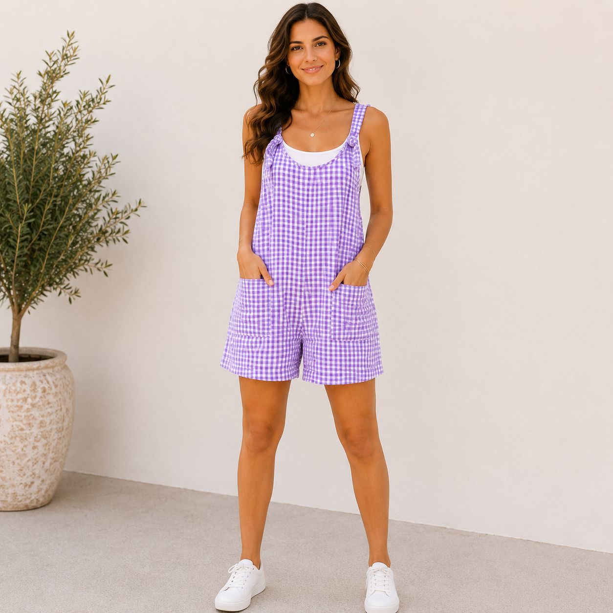 Digital Sewing Pattern for Women's Summer Gingham Short Overalls - Knot-Strap Playsuit Style