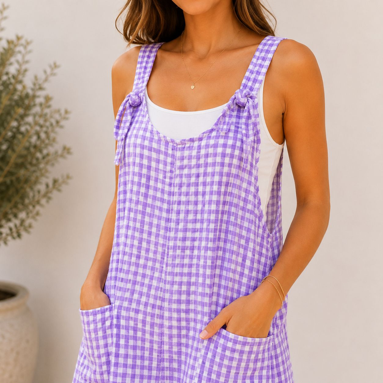 Digital Sewing Pattern for Women's Summer Gingham Short Overalls - Knot-Strap Playsuit Style