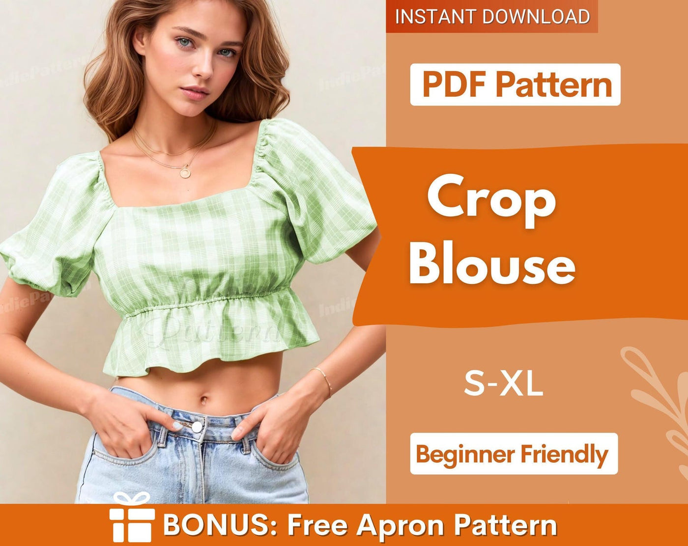 Ruffled Crop Top Sewing Pattern for Women PDF, Top Pattern, Milkmaid pattern, Puff Sleeve Top, Women Sewing pattern PDF
