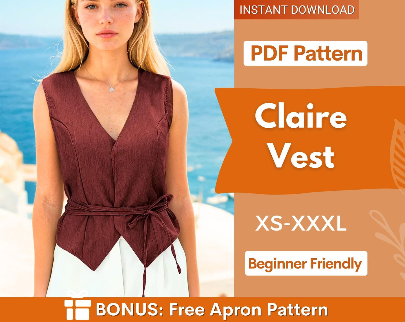 Vest Sewing Pattern, Waistcoat Pattern, Sewing Patterns, Women Pattern Vest, Front Tie Vest Pattern, Top Pattern Women, Women