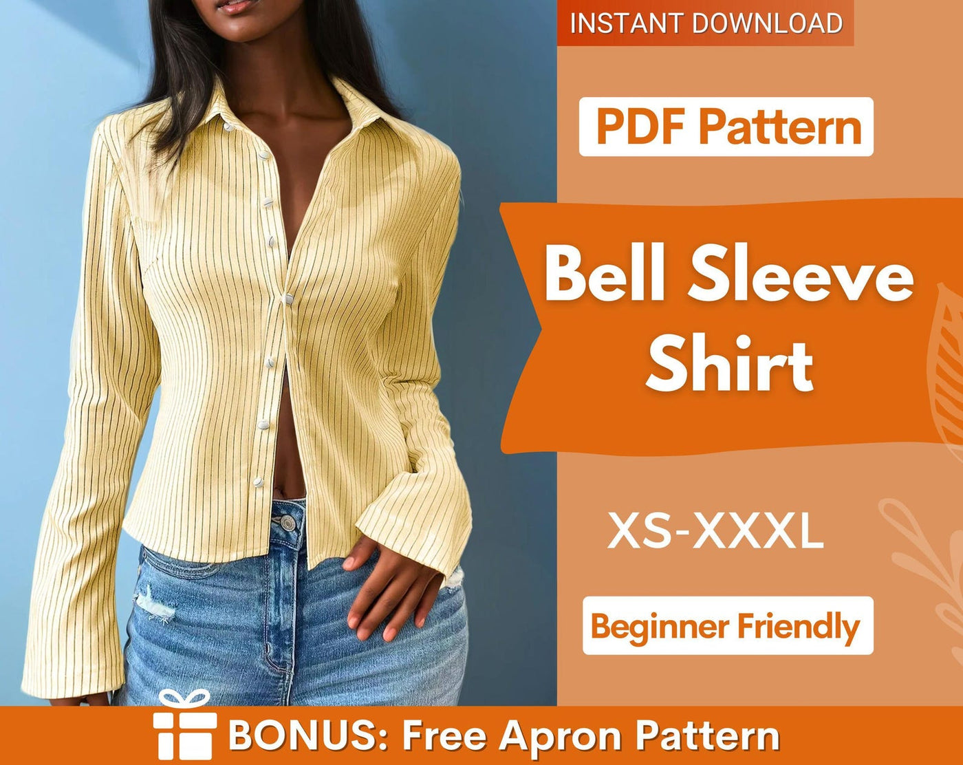 Shirt Pattern for Women, Flared Sleeves Shirt, Bell Sleeves Shirt Sewing Pattern, Button Up Shirt, Sewing patterns for Women