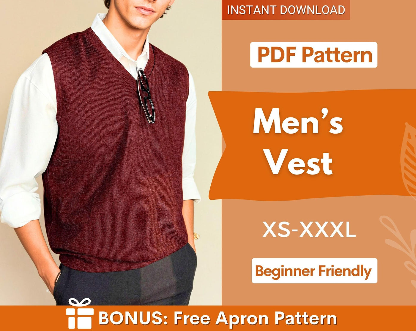 Men Vest Pattern | Men Sewing Pattern | Waistcoat Pattern for Men| Sewing Pattern Knitted Vest Men | Top Pattern Men