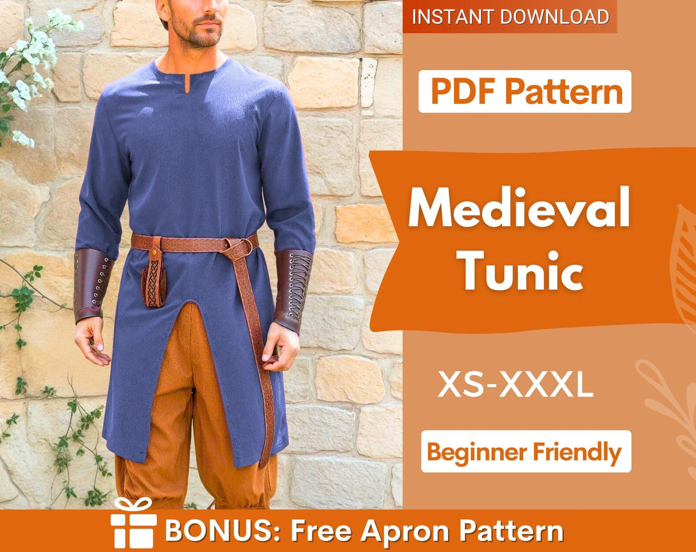 Medieval Tunic Sewing Pattern for Men, Medieval Shirt Pattern, Mens Costume Sewing Pattern, Tunic Cosplay Pattern, Medieval