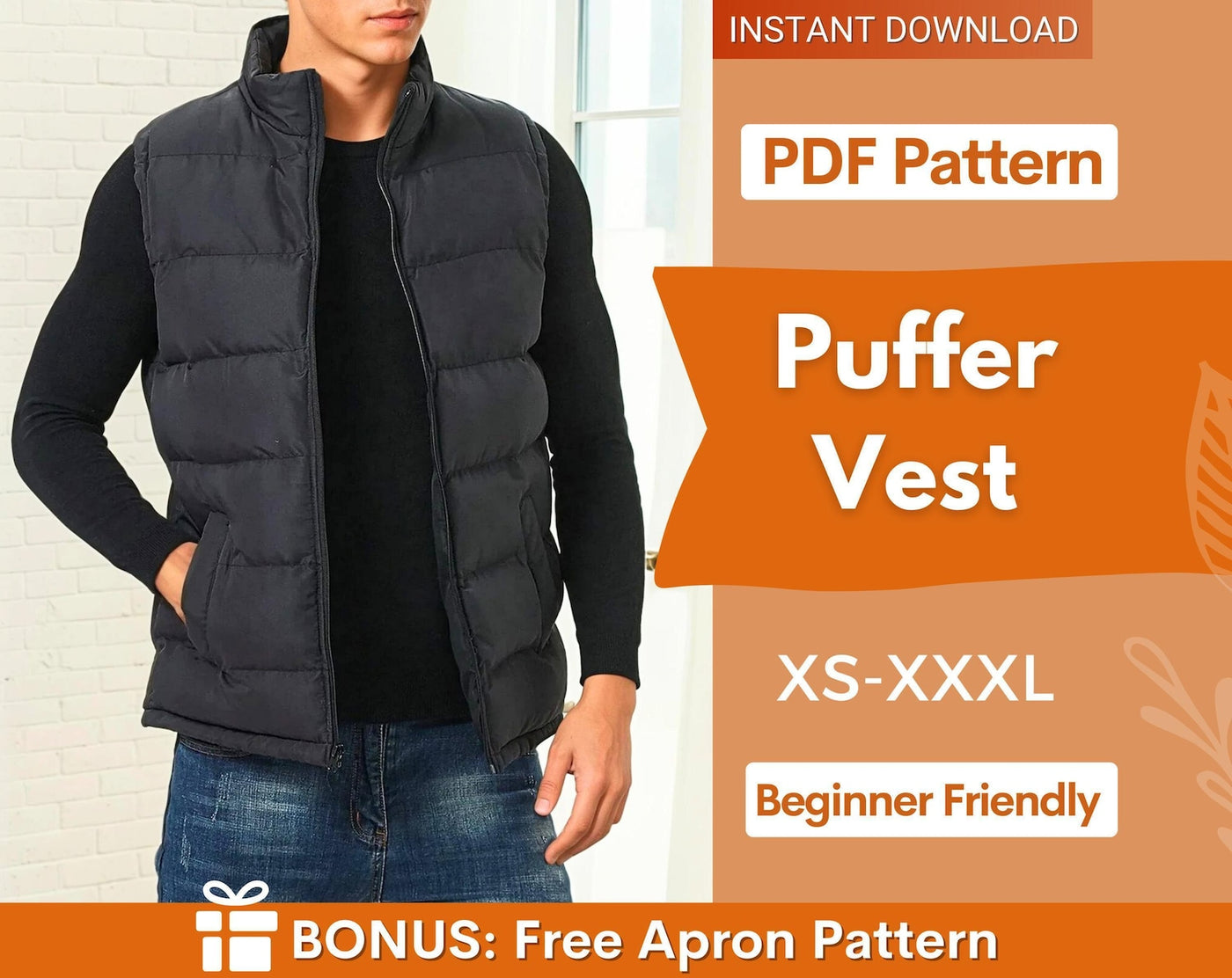 Men Puffer Vest Sewing Pattern | Puffer Vest | Jacket Pattern Men| Sewing Pattern Puffer Vest | Sewing Pattern for Men Jacket
