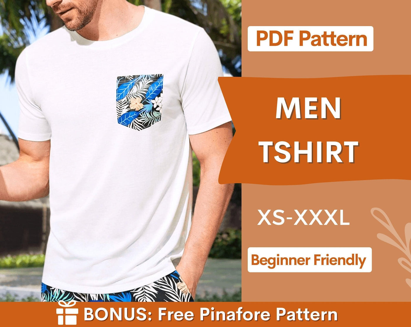 Men Tshirt Pattern, Tshirt with Pocket, Hawaiian TShirt Sewing Pattern, Tropical shirt sewing pattern, Sewing Pattern for