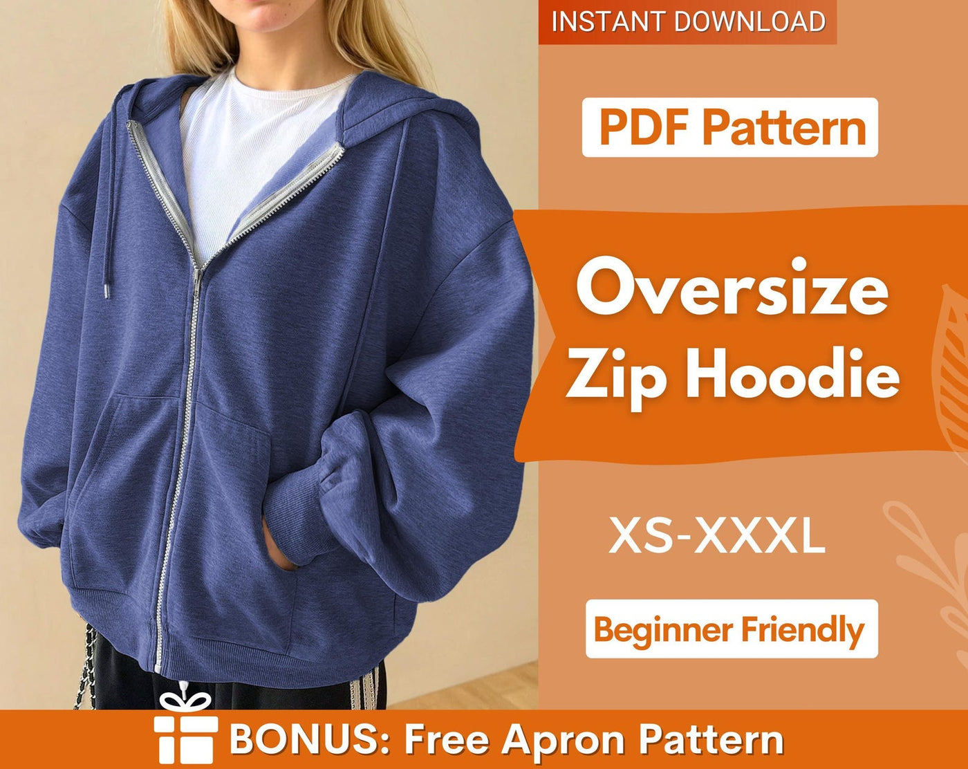 Oversized Zip Up Hoodie Sewing Pattern, Women Hoodie, Hoodie Pattern, Women Sewing Pattern, Beginner Sewing Pattern Zip