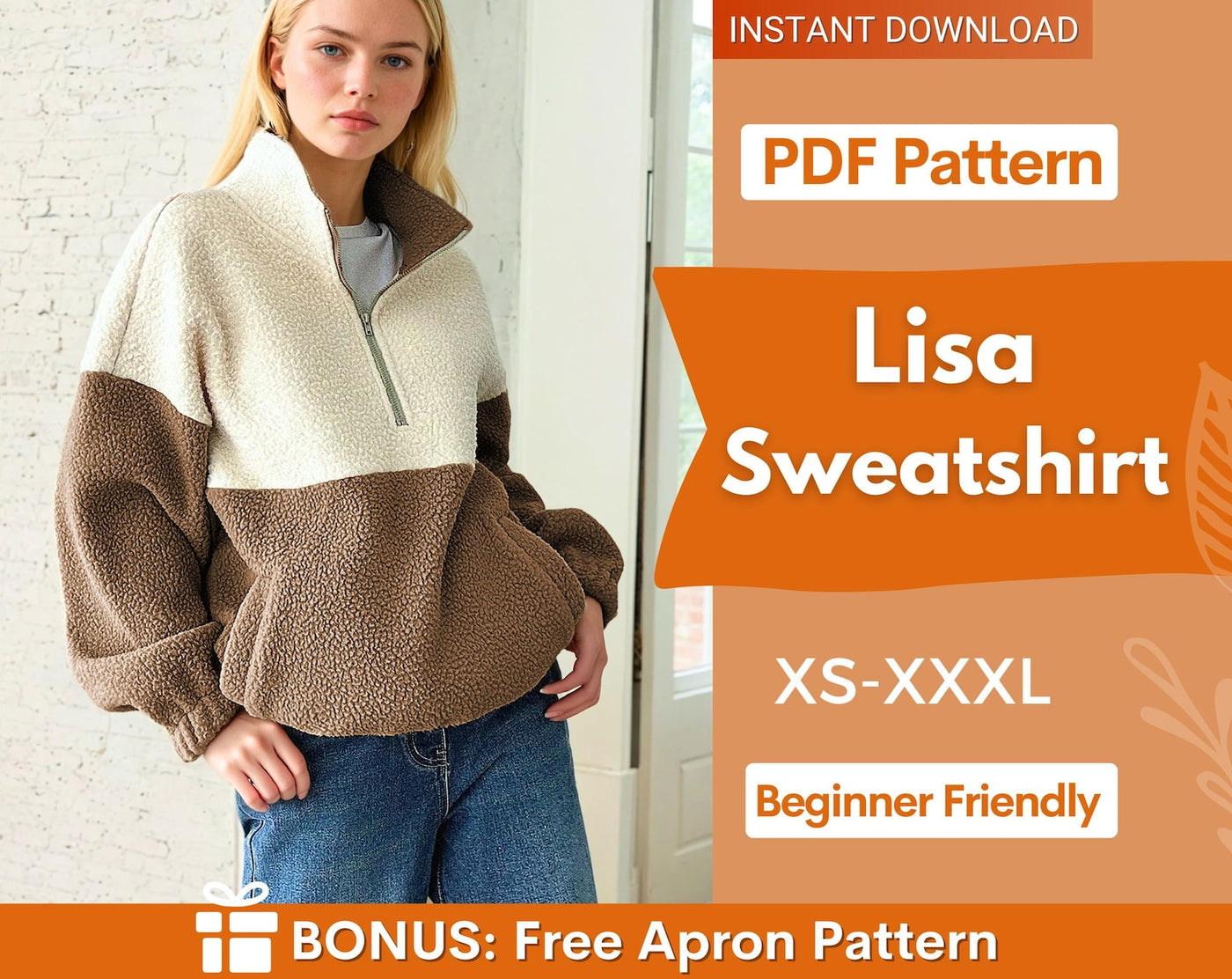 Zip Sweatshirt Pattern for Women, Women Sweater Pattern, Zip Up Sweater Pattern, Women Sewing Pattern, Beginner Sewing