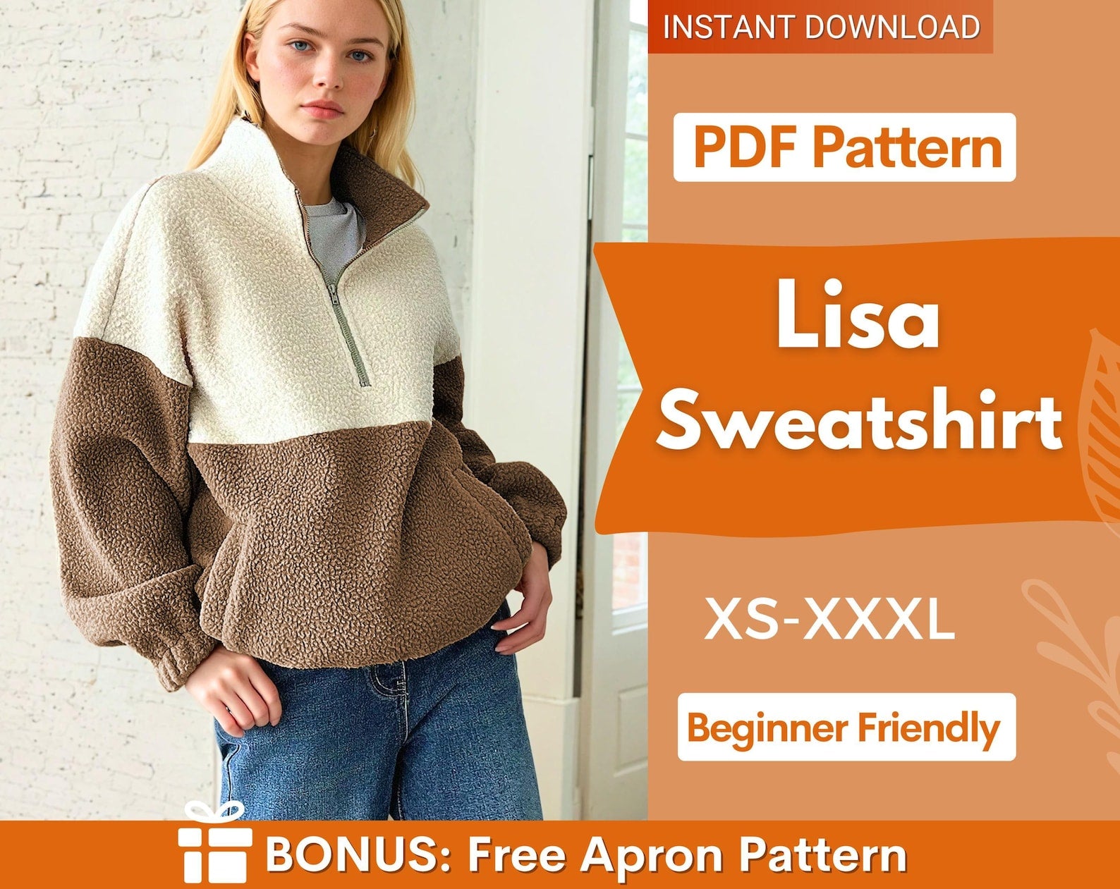 Zip Sweatshirt Pattern for Women, Women Sweater Pattern, Zip Up Sweater Pattern, Women Sewing Pattern, Beginner Sewing