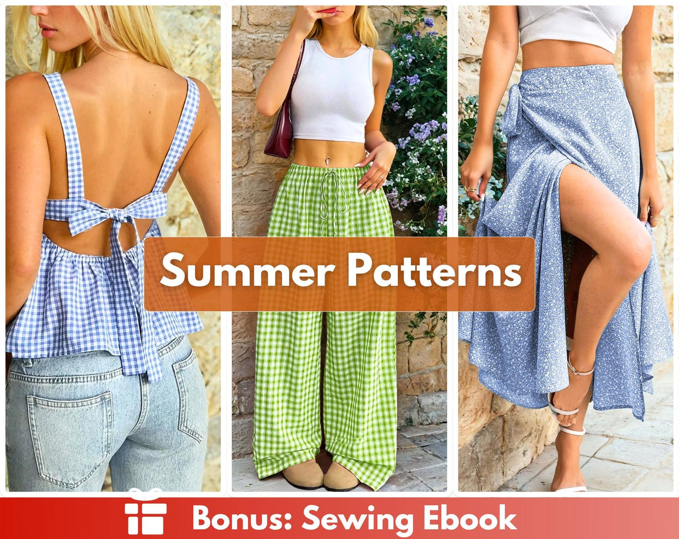 Summer Sewing Patterns Bundle | Women Sewing Pattern | Back Tie Top Pattern | Wide Leg Pants Pattern | Peplum Top | Maxi