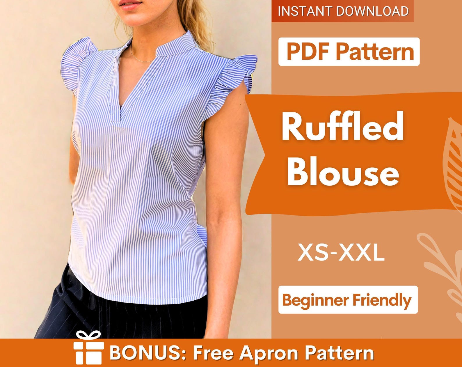 Blouse Sewing Pattern, XS- XXL, Top Blouse Pattern PDF, Ruffled Blouse Pattern, Easy Pattern, Top sewing pattern, woman
