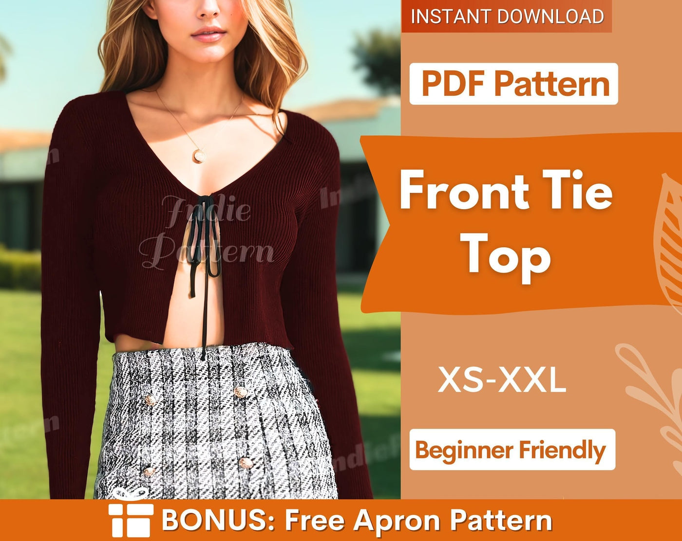 Front Tie Top Pattern | XS - XXL | Top Sewing Pattern | Women Top Pattern | Long Sleeve Top Pattern | Sewing pattern PDF |