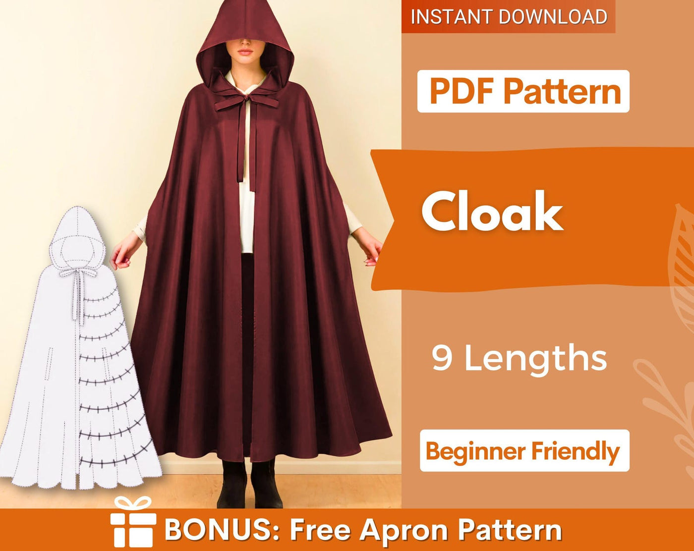 Cloak Sewing Pattern with 9 Lengths, Cape Pattern, Elven Cape, Magical Gown, Medieval Dress, Hooded Cloak, Cape with Hood