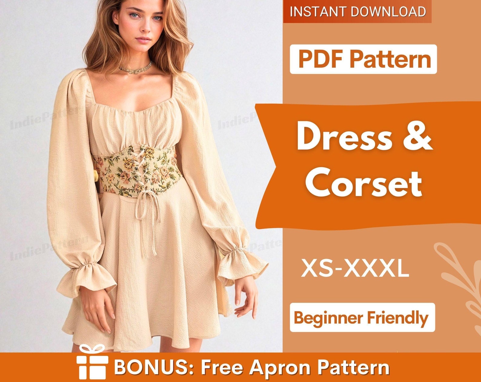 Vintage dress with corset belt sewing pattern, cottagecore dress pattern, corset belt pattern, vintage dress sewing pattern