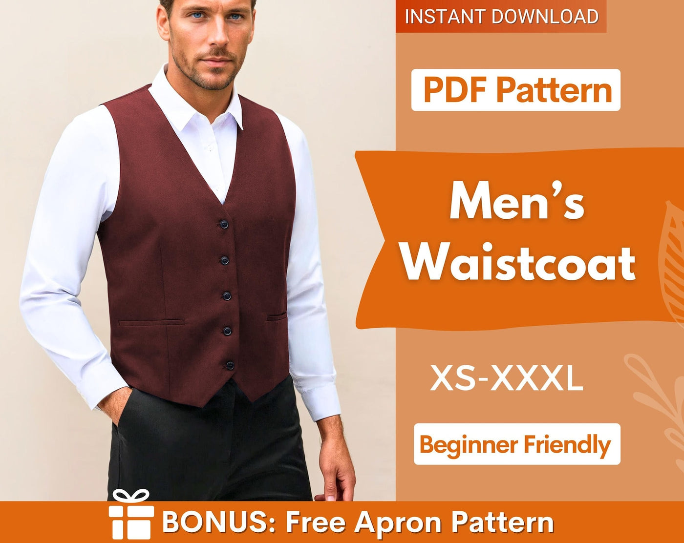 Waistcoat Sewing Pattern for Men | Men Vest Sewing Pattern | Waistcoat Men| Sewing Pattern Vest Men | Top Pattern Men, Suit