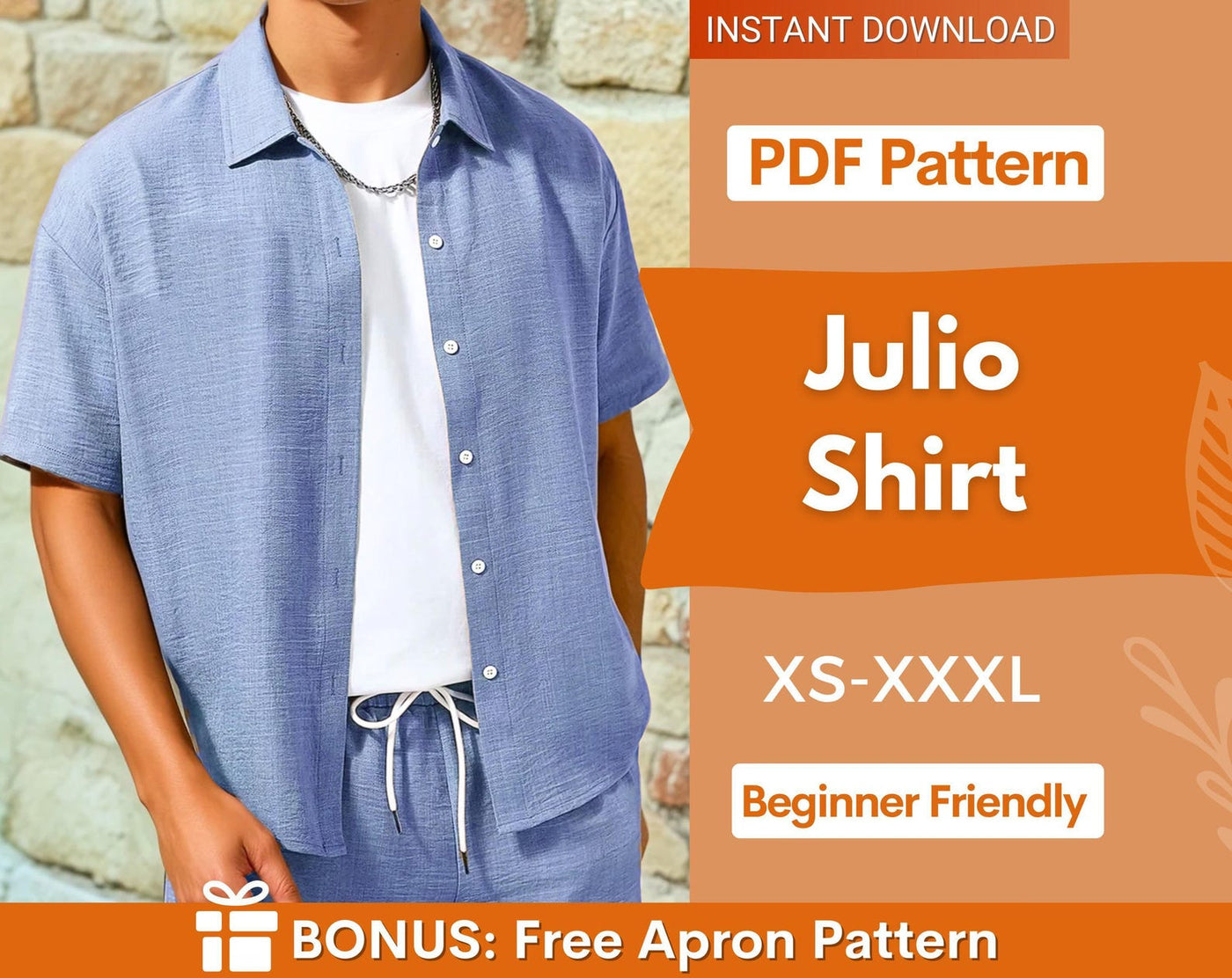 Men's Shirt Sewing Pattern, Summer Shirt Pattern Men, Camp Collar Shirt Pattern, Hawaiian Shirt Pattern, Shirt Pattern Men