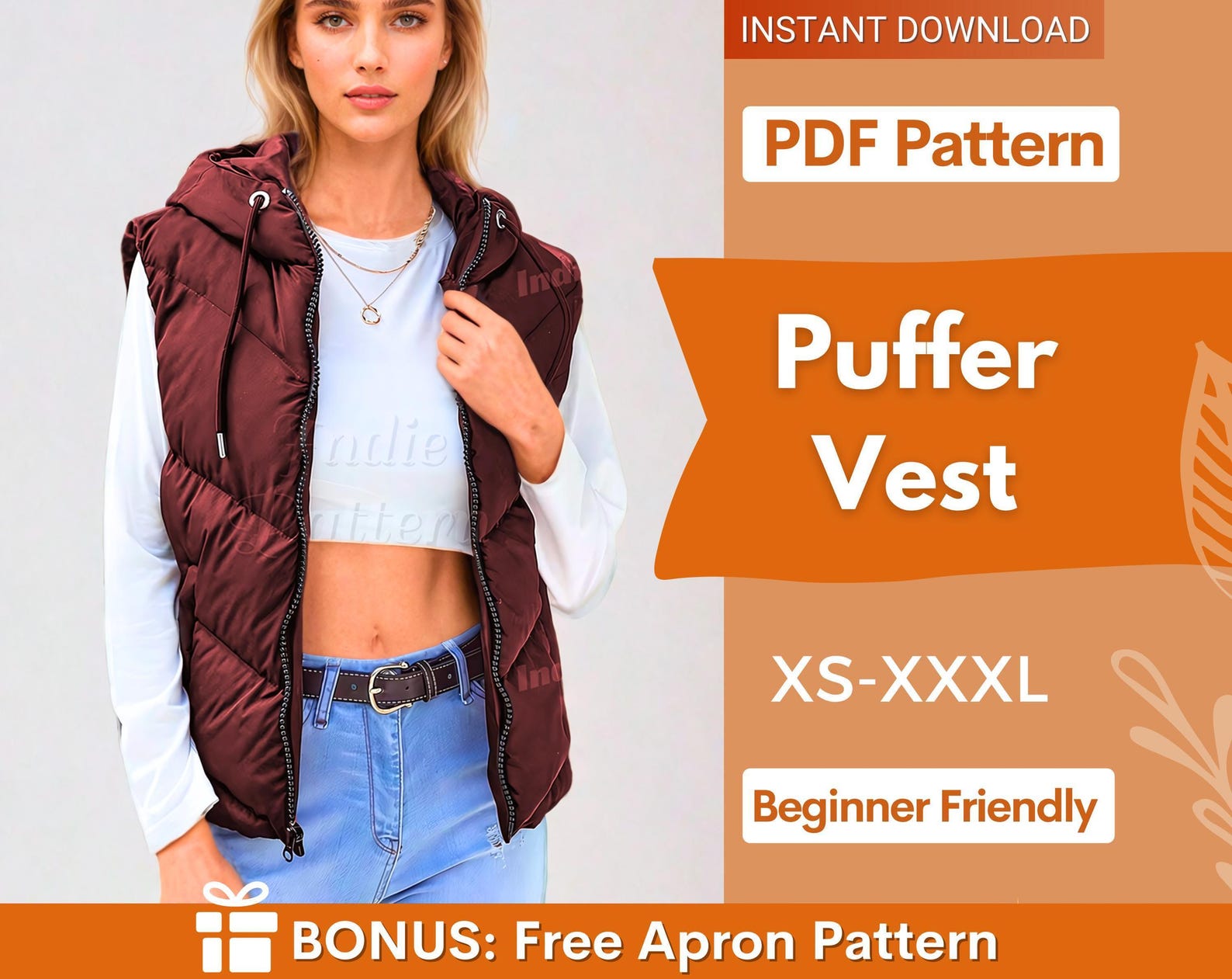 Puffer Vest Pattern | Hoodie Puffer Vest | Hooded Vest | Women Sewing Pattern | Jacket Pattern | Vest Pattern | Sewing