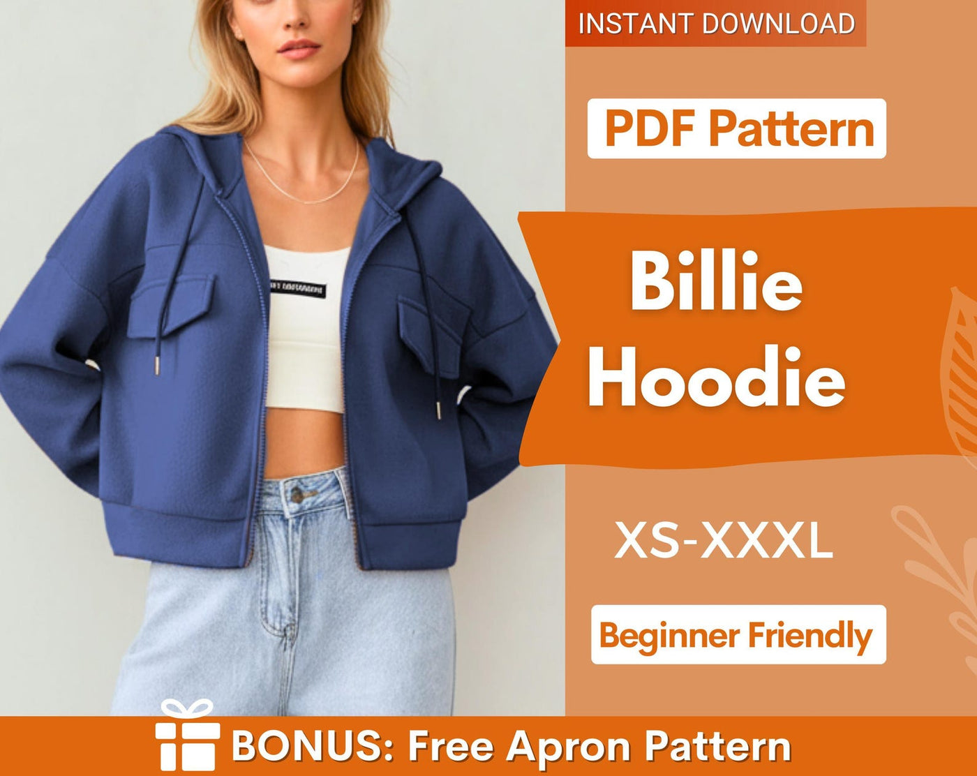 Zip Up Hoodie Sewing Pattern | Sewing Patterns | Women Patterns | Hoodie Sewing Pattern | Jacket Pattern | Crop Hoodie | Zip