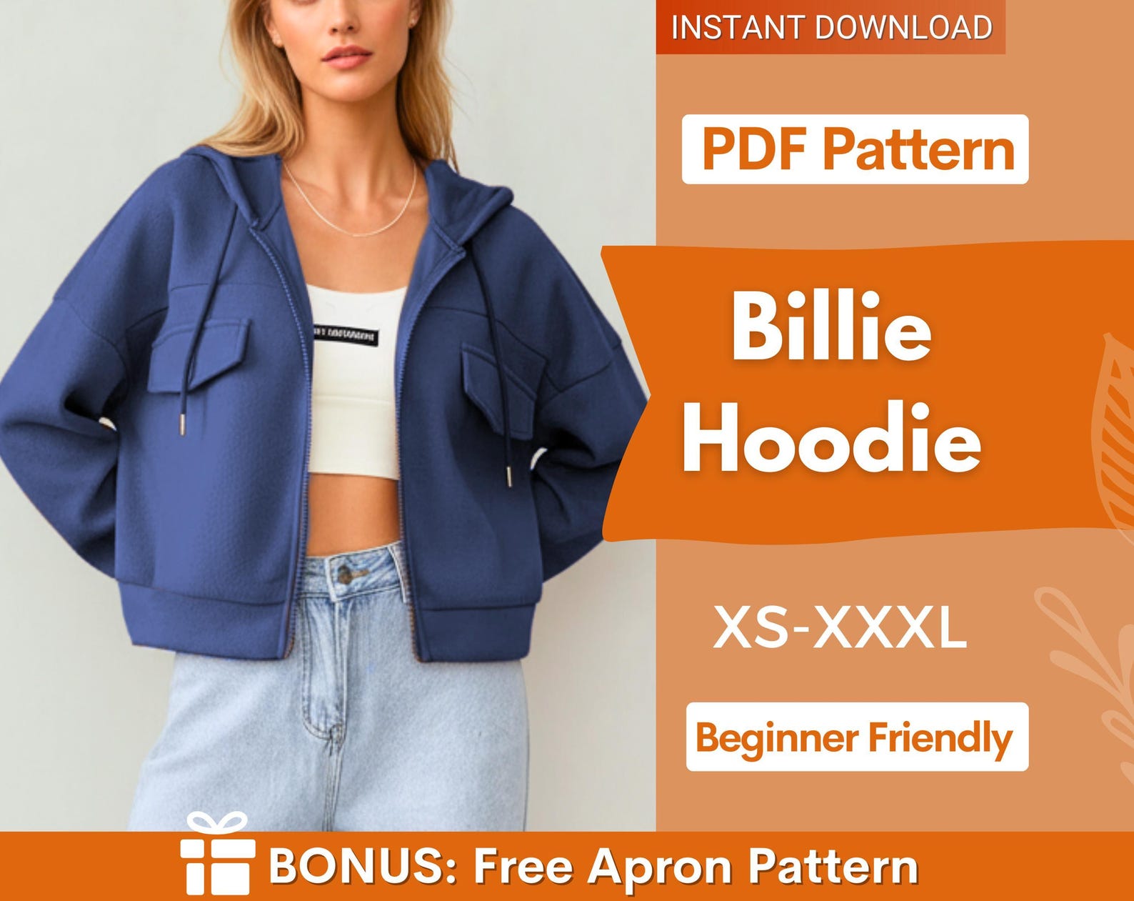 Zip Up Hoodie Sewing Pattern | Sewing Patterns | Women Patterns | Hoodie Sewing Pattern | Jacket Pattern | Crop Hoodie | Zip