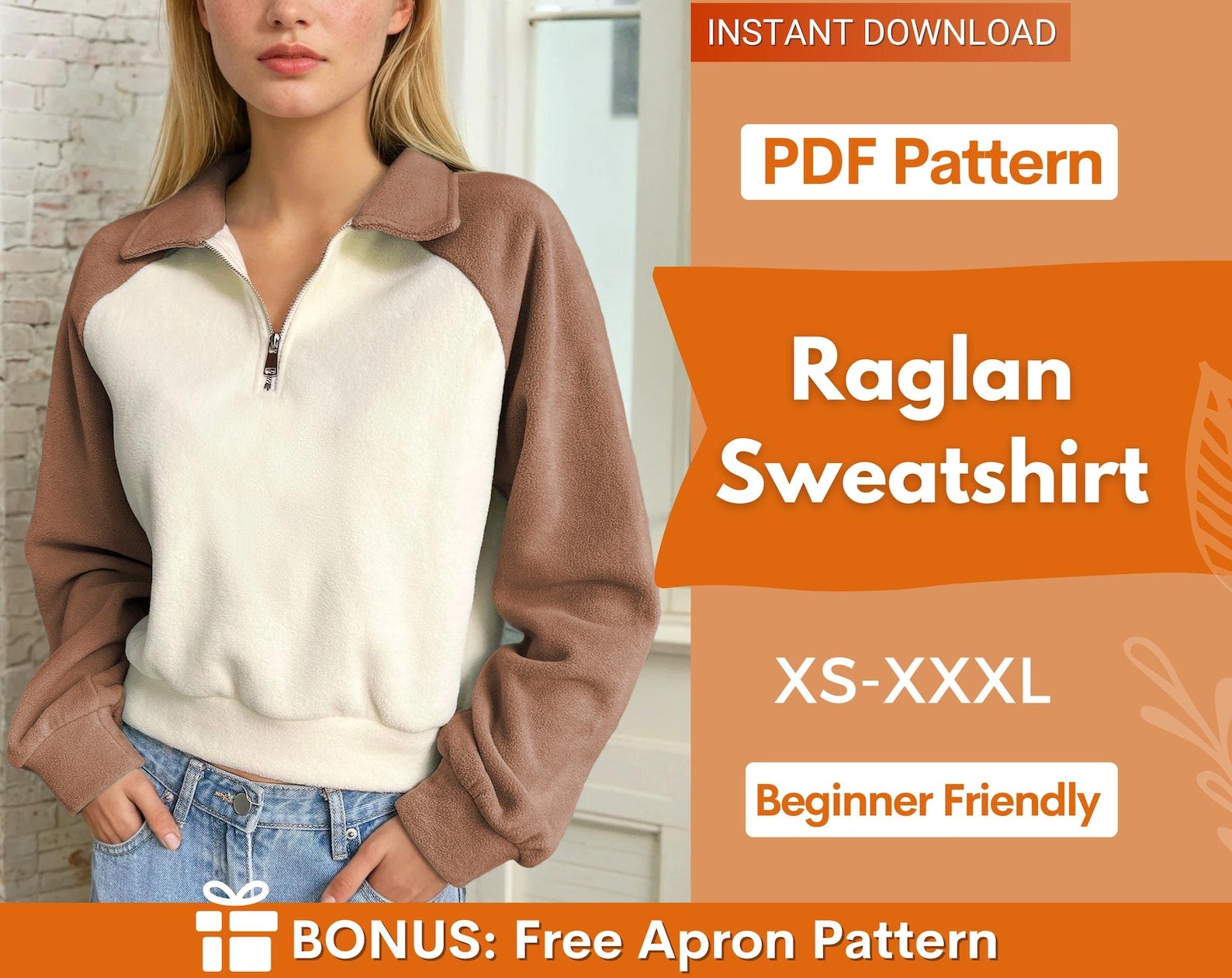 Raglan Sweatshirt Pattern for Women, Women Sweater Pattern, Zip Up Sweater Pattern, Women Sewing Pattern, Beginner Sewing