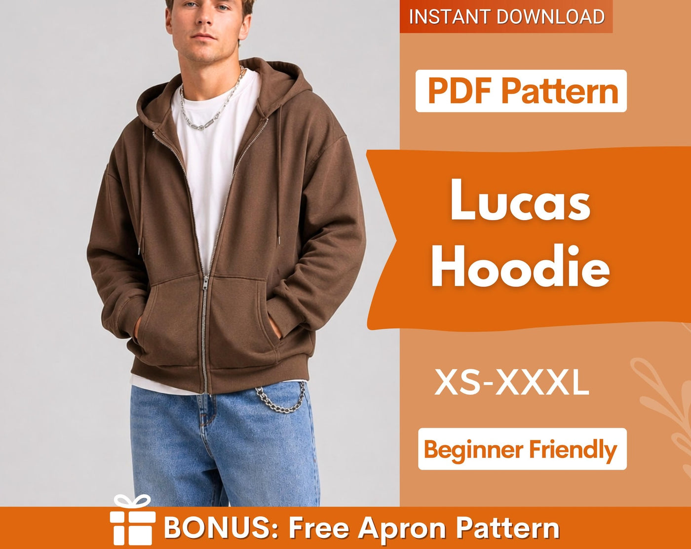 Zip Up Hoodie Sewing Pattern for Men, Men Hoodie Pattern, Sweatshirt Pattern Meen, Men Sewing Pattern, Men Patterns, Hoodie