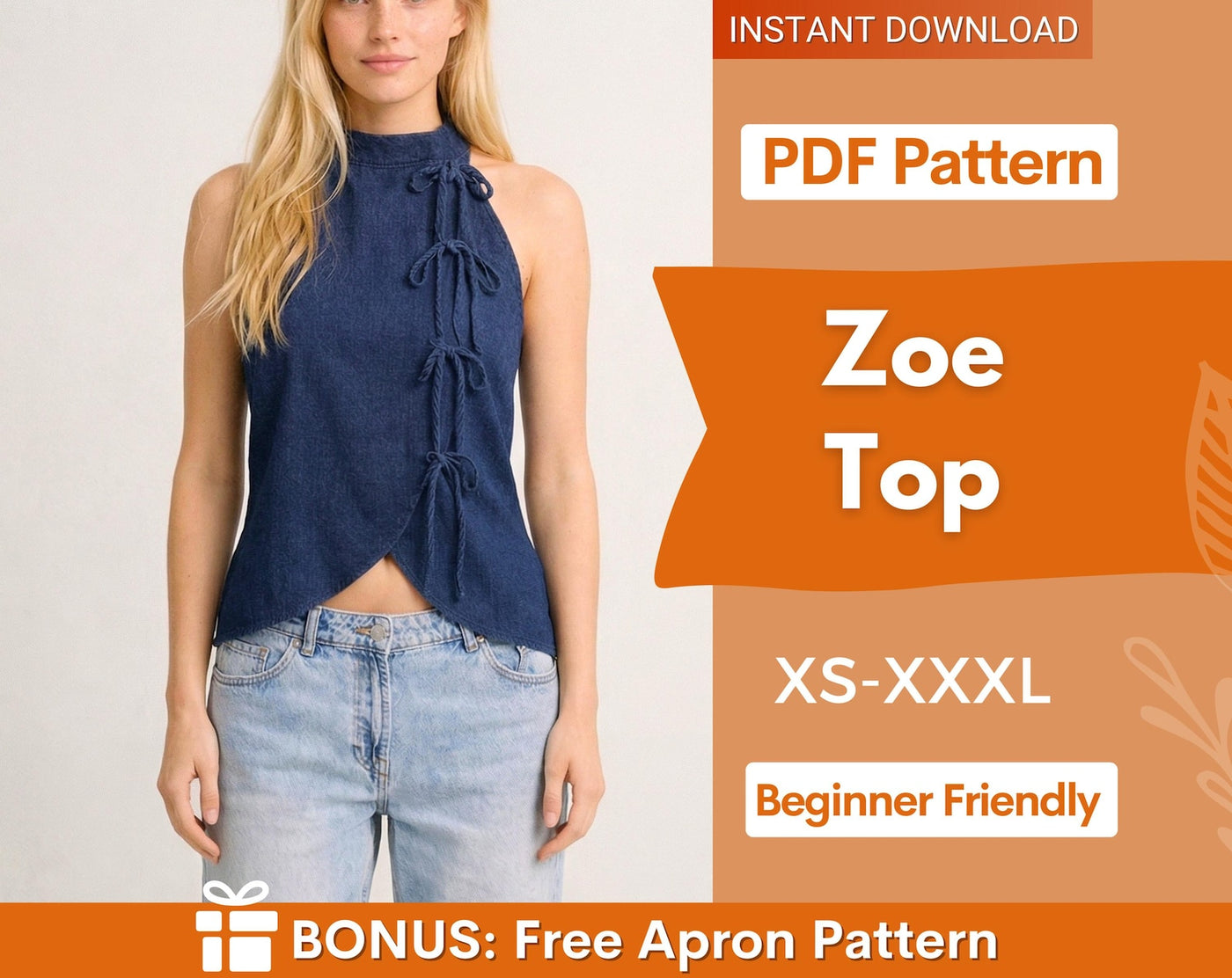 Zoe Top Sewing Pattern | Women Vest Pattern | Blouse Pattern | Front Tie Top Pattern | Sewing Patterns for Beginner Top |