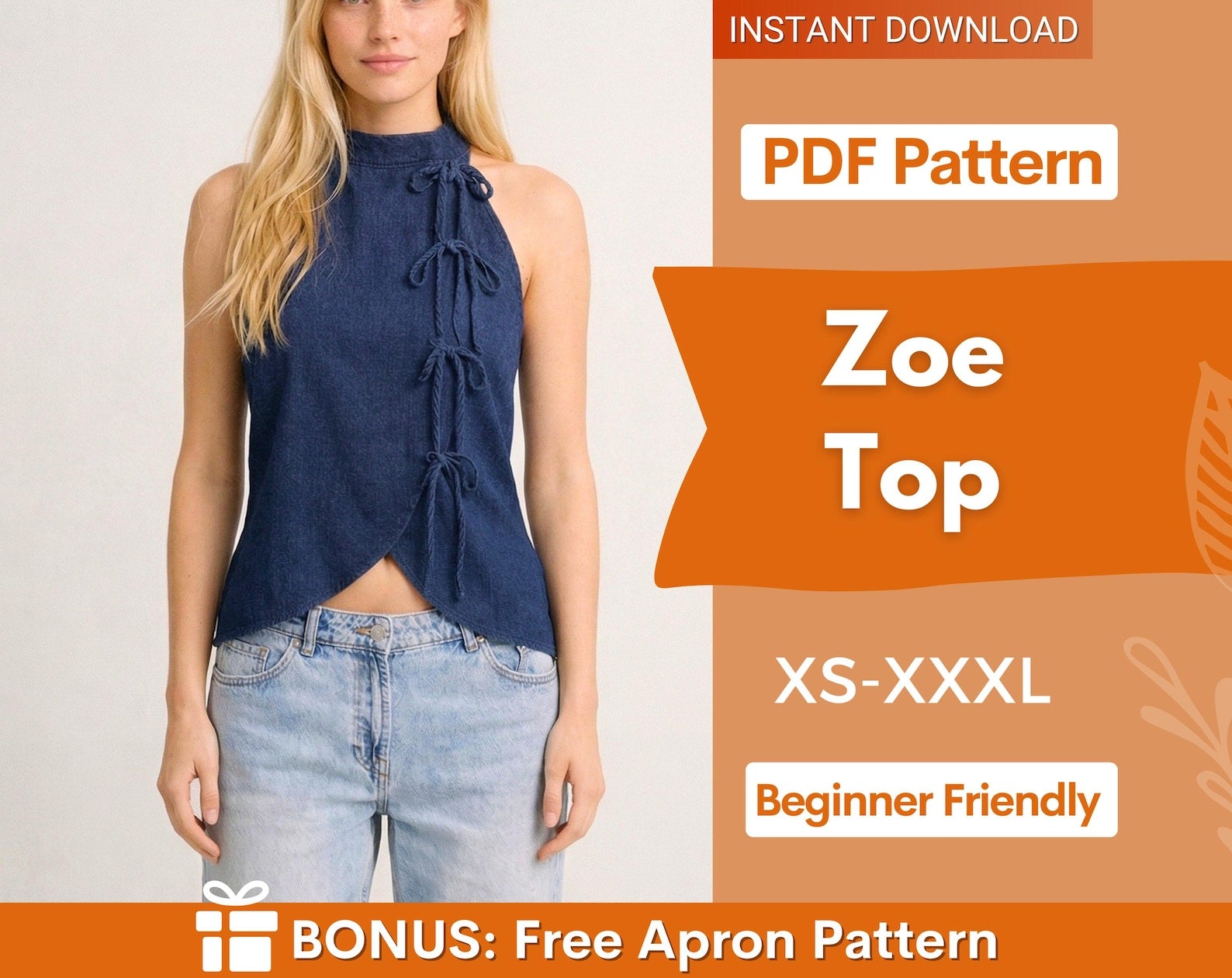 Zoe Top Sewing Pattern | Women Vest Pattern | Blouse Pattern | Front Tie Top Pattern | Sewing Patterns for Beginner Top |