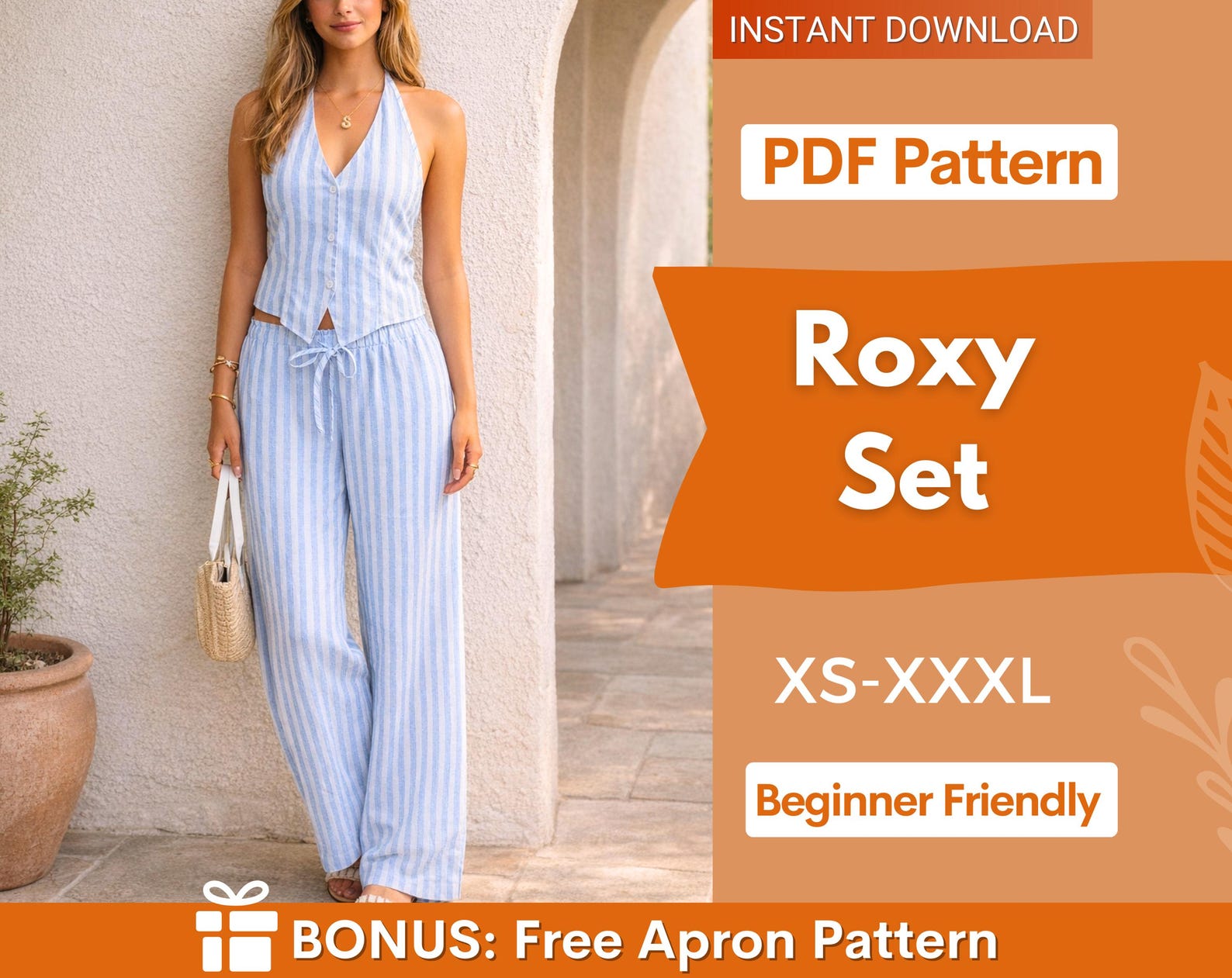 Summer Set Sewing Pattern | Top & Pants Pattern | Sewing Pattern Women | Wide Leg Pants Pattern | Tie Back Top, Backless Top