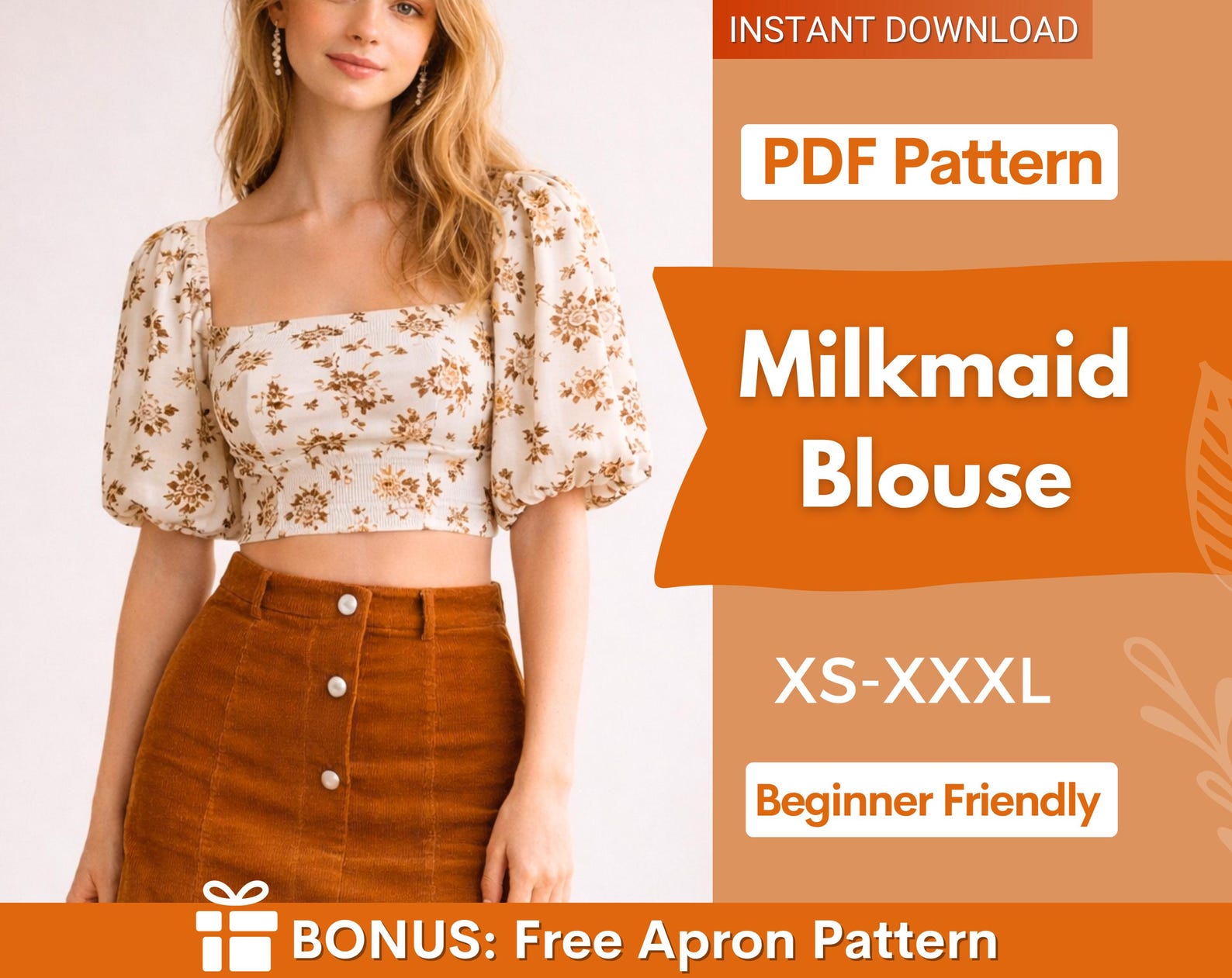 Milkmaid top pattern, XS-XXXL, Puff Sleeve Sewing PDF Pattern Blouse, Cottagecore Pattern, milkmaid blouse, Sewing pattern