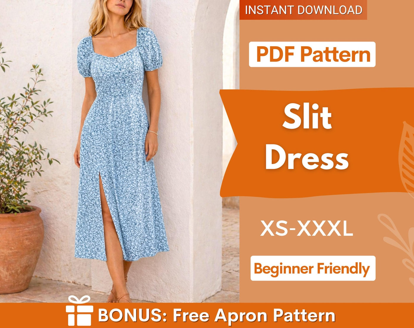 Slit Dress Pattern | XS-XXXL | Milkmaid Dress Sewing Pattern | Summer Dress Pattern | Women Sewing Pattern | Sleeve Dress PDF